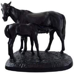 Kasli, Large Russian Sculpture of Patinated Cast Iron a Horse with a Foal