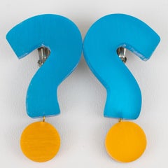 Kaso Acrylic Lucite Dangle Clip Earrings in Blue and Orange