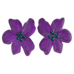Kaso by Harriet Bauknight Purple Floral Jeweled Acrylic Lucite Clip Earrings