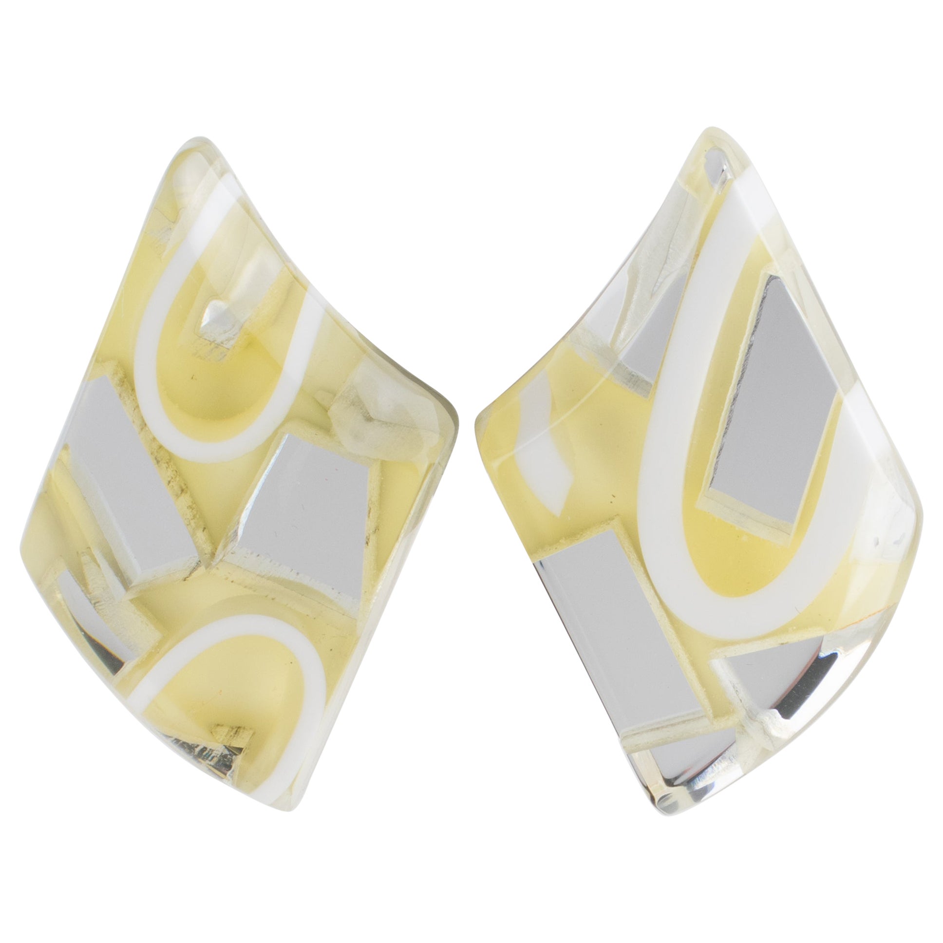 Kaso Cream-White and Silver Mirror Acrylic Resin Clip Earrings