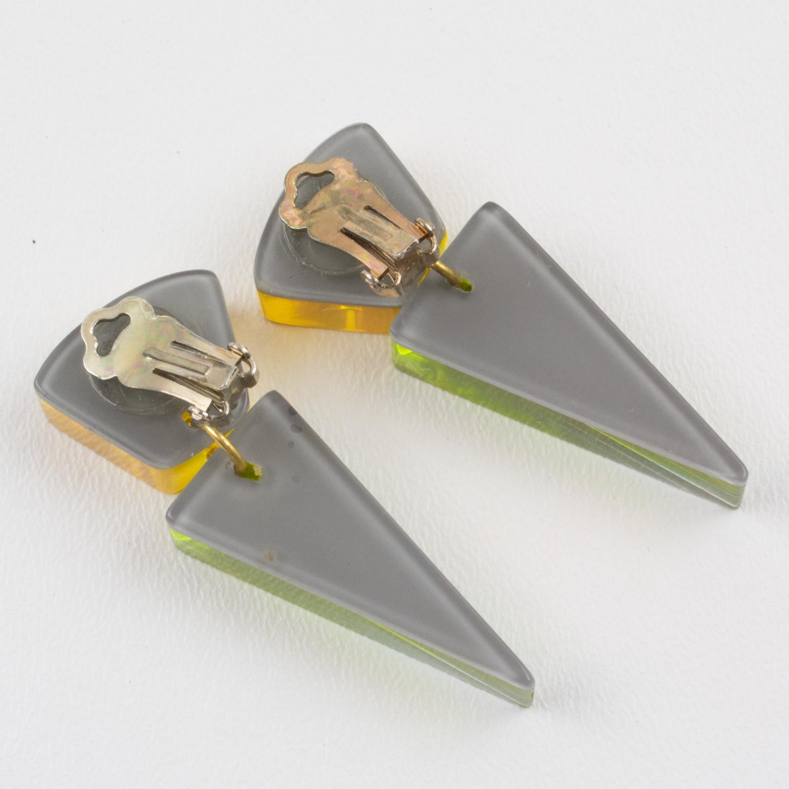Women's or Men's Kaso Dangle Geometric Lucite Clip Earrings Olive & Yellow