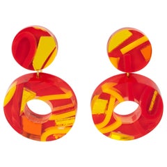 Kaso Dangle Lucite Clip Earrings Red, Orange, Yellow Donut