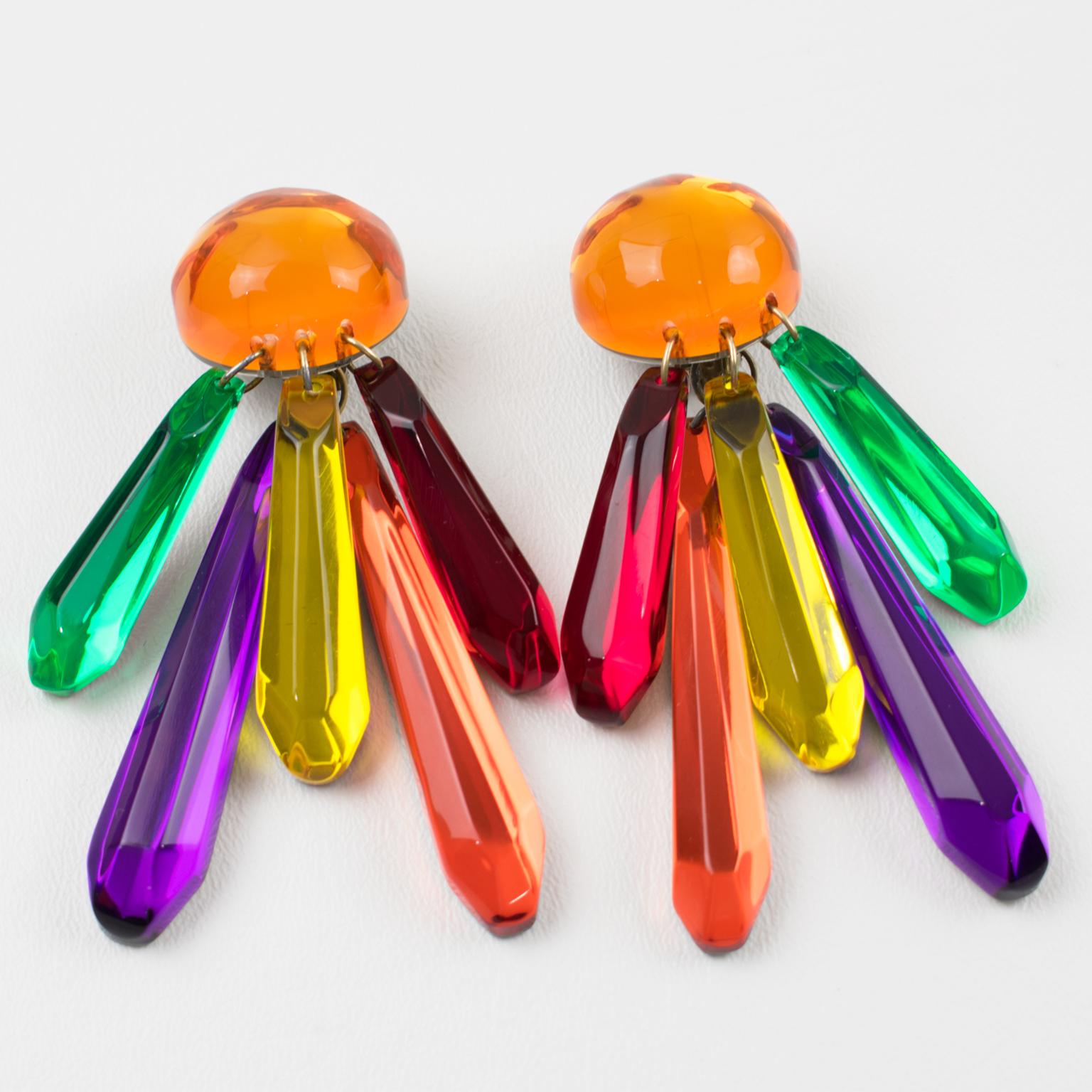 Modern Kaso Extravagant Multicolor Lucite Dangle Clip Earrings For Sale