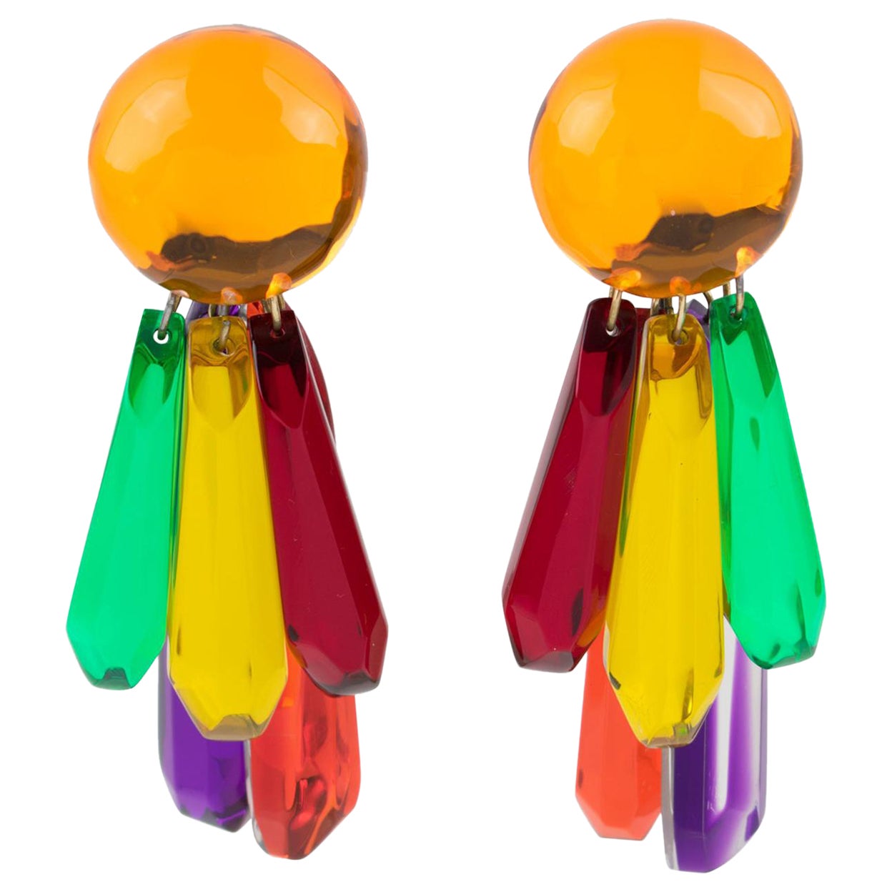 Kaso Extravagant Multicolor Lucite Dangle Clip Earrings For Sale