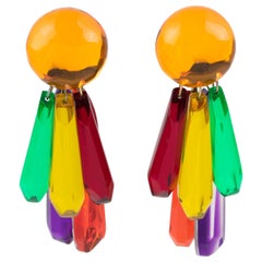 Vintage Kaso Extravagant Multicolor Lucite Dangle Clip Earrings