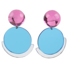 Kaso Geometric Lucite Clip Earrings Pink and Blue Mirror