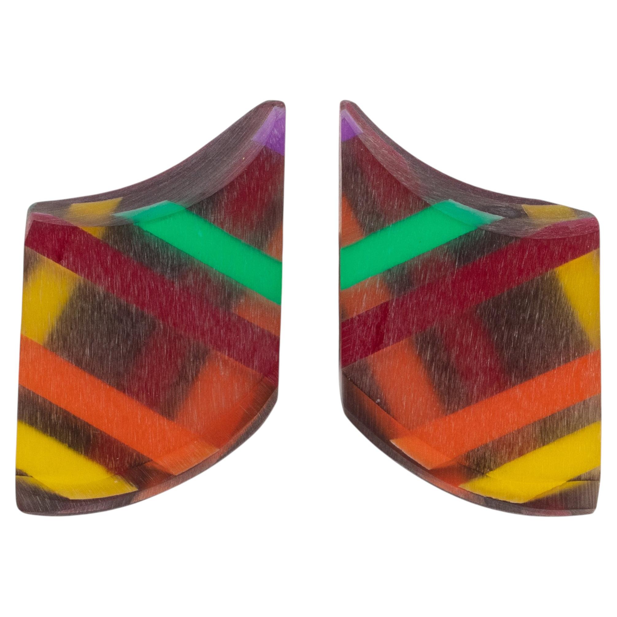 Kaso Geometric Multicolor Harlequin Acrylic Resin Clip Earrings For Sale