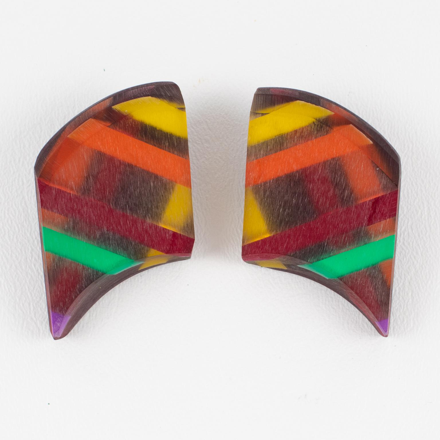 Modernist Kaso Geometric Multicolor Harlequin Lucite Clip Earrings For Sale
