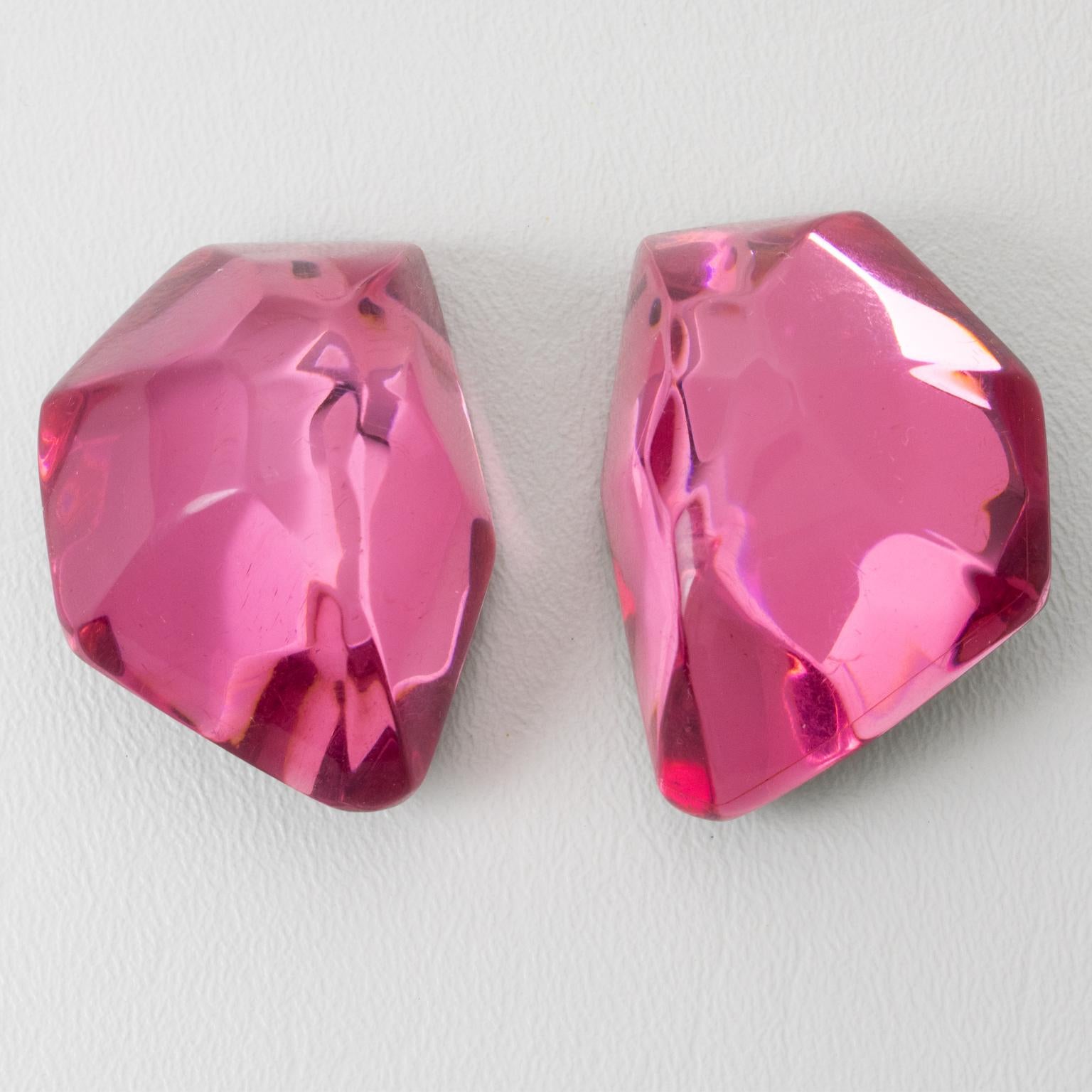 Kaso Giant Ice Cube Hit Pink Lucite Clip Earrings In Excellent Condition In Atlanta, GA