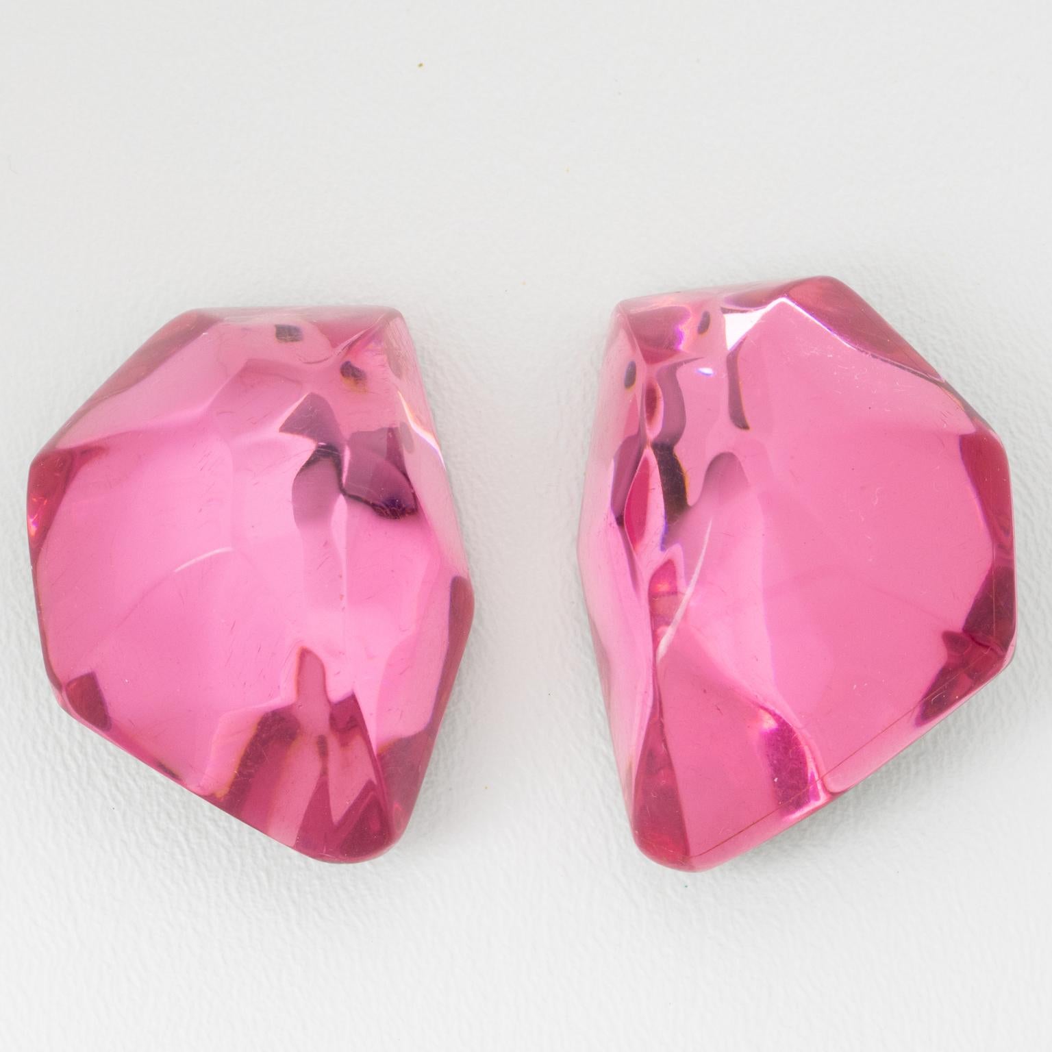 Kaso Giant Ice Cube Hit Pink Lucite Clip Earrings 3
