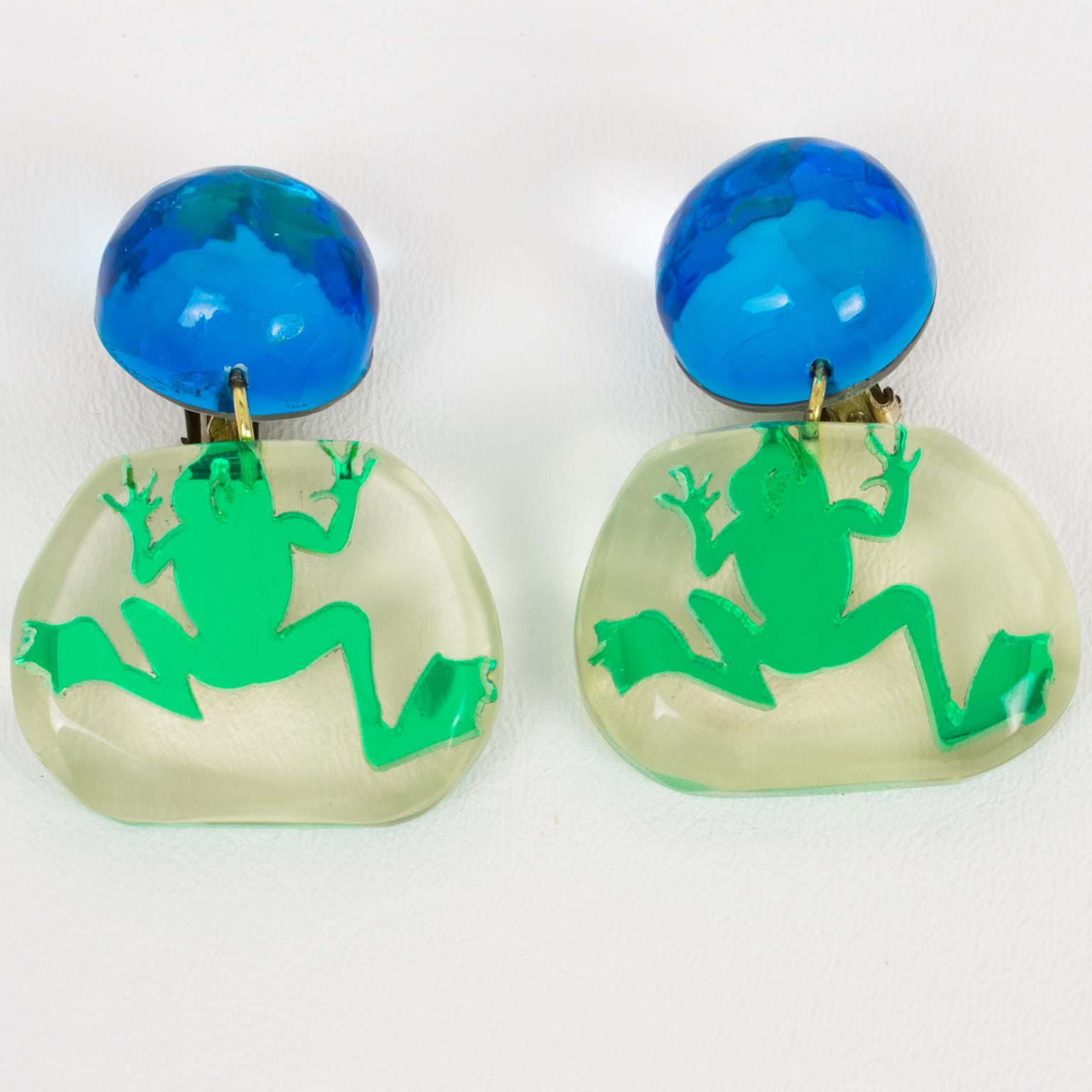 Modern Kaso Green and Blue Frog Lucite Dangle Clip Earrings  For Sale