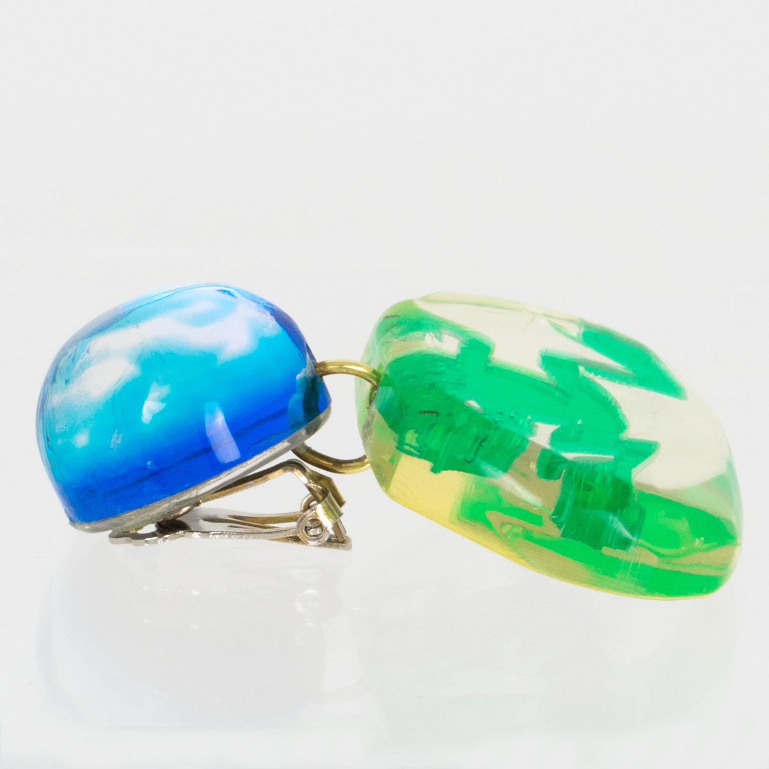 Women's or Men's Kaso Green and Blue Frog Lucite Dangle Clip Earrings  For Sale