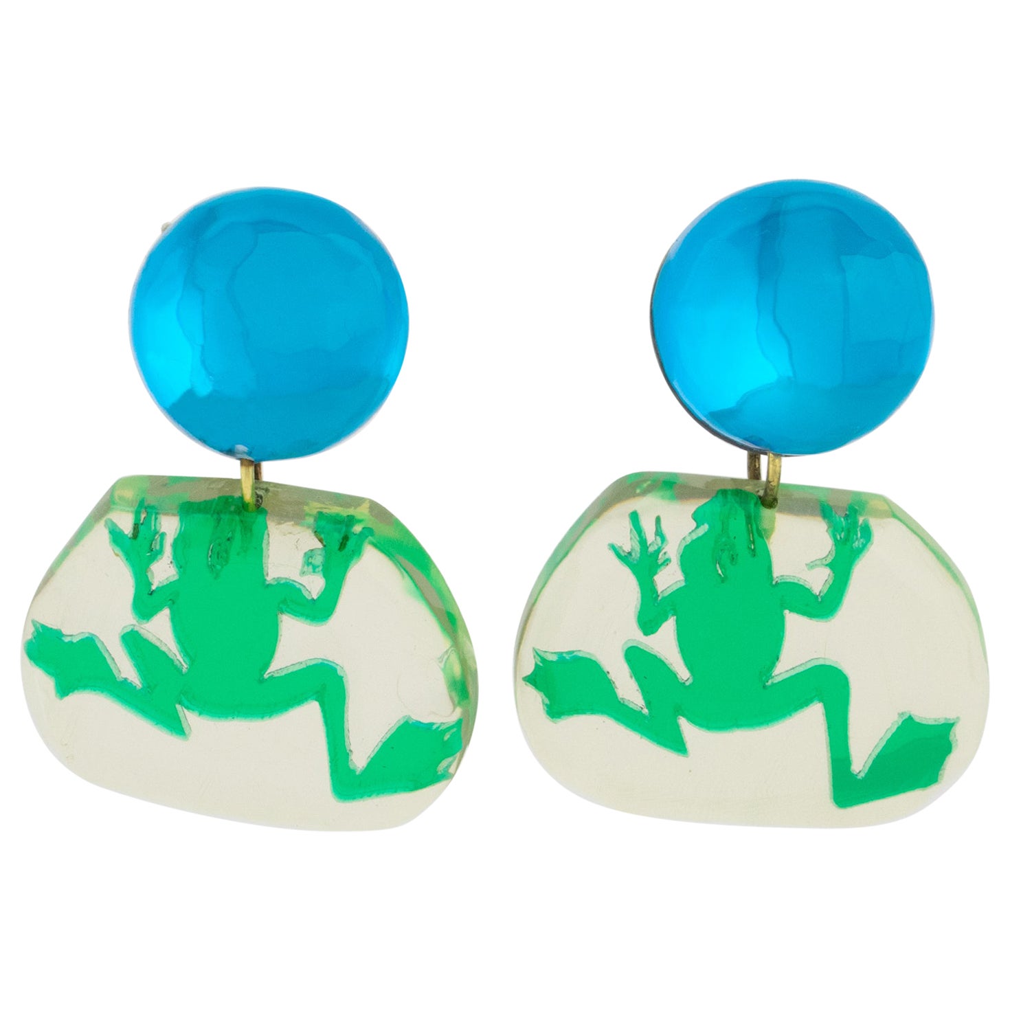 Kaso Green and Blue Frog Lucite Dangle Clip Earrings  For Sale