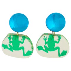 Retro Kaso Green and Blue Frog Lucite Dangle Clip Earrings 