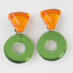 Kaso Green and Orange Acrylic Lucite Dangling Clip Earrings