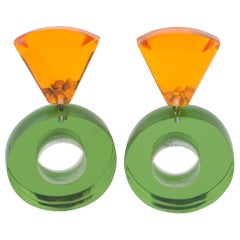 Kaso Green and Orange Acrylic Lucite Dangling Clip Earrings