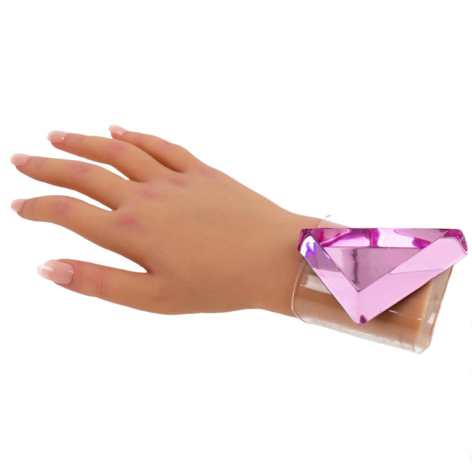 Kaso Pink Lucite Massive Geometric Cuff Bracelet Bangle For Sale 6