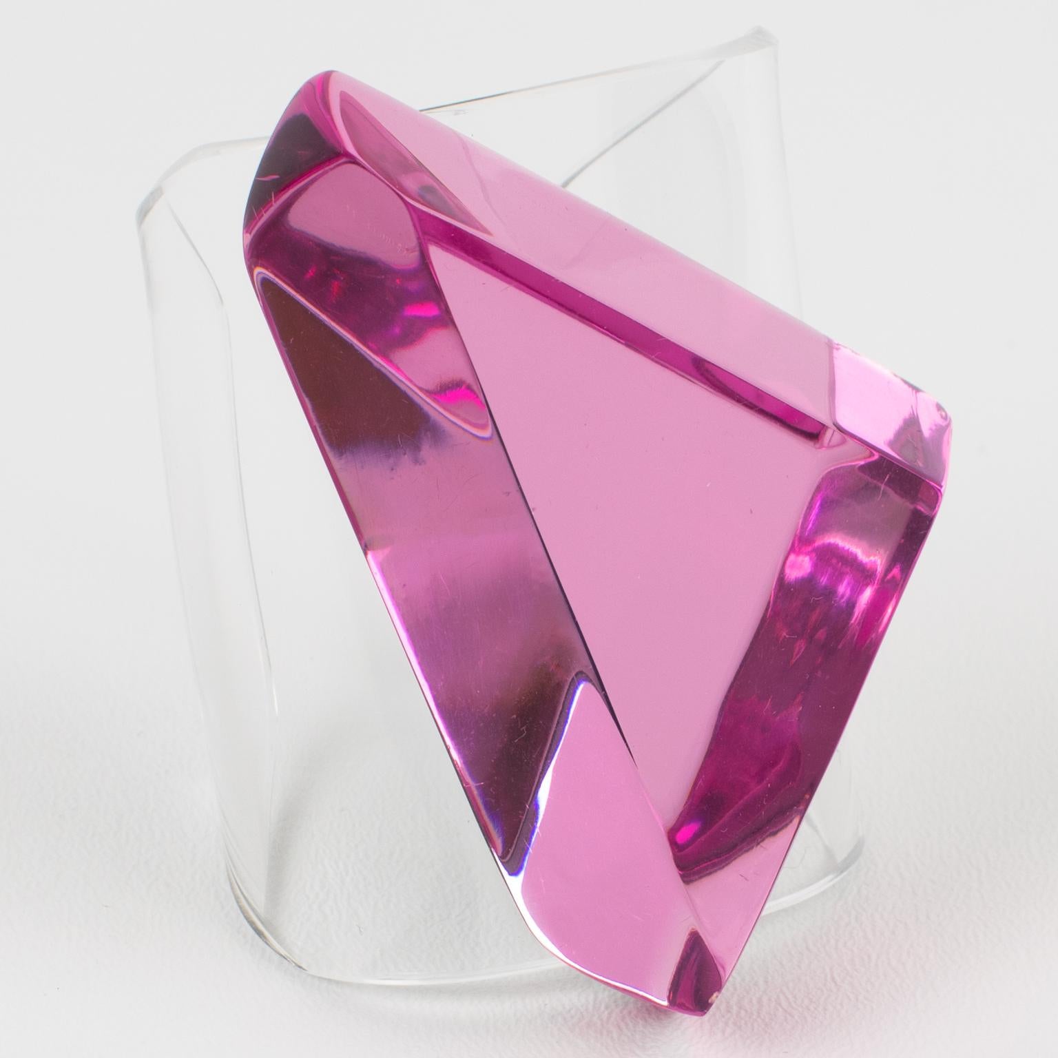 Modernist Kaso Pink Lucite Massive Geometric Cuff Bracelet Bangle For Sale