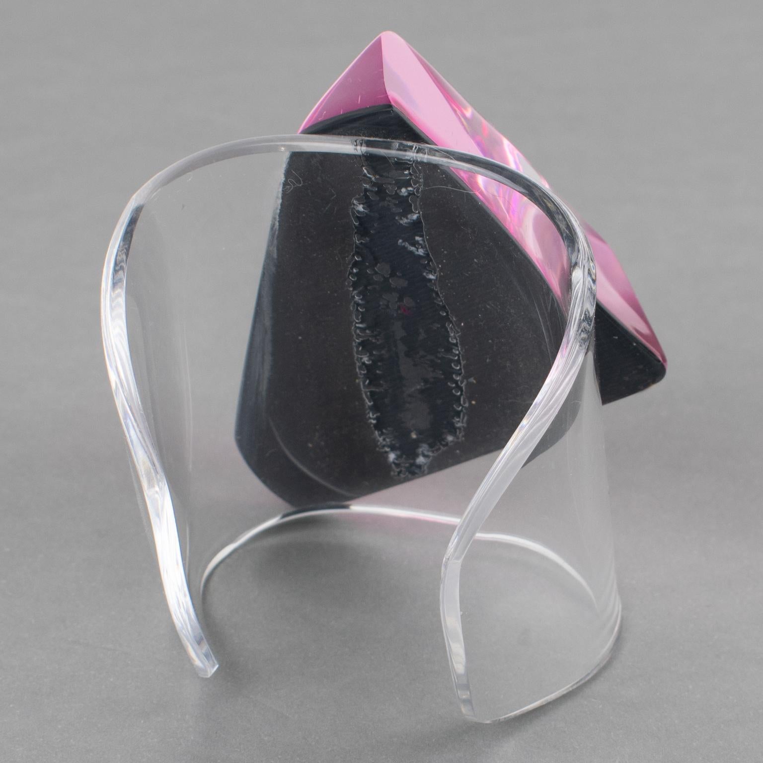 Kaso Pink Lucite Massive Geometric Cuff Bracelet Bangle For Sale 3