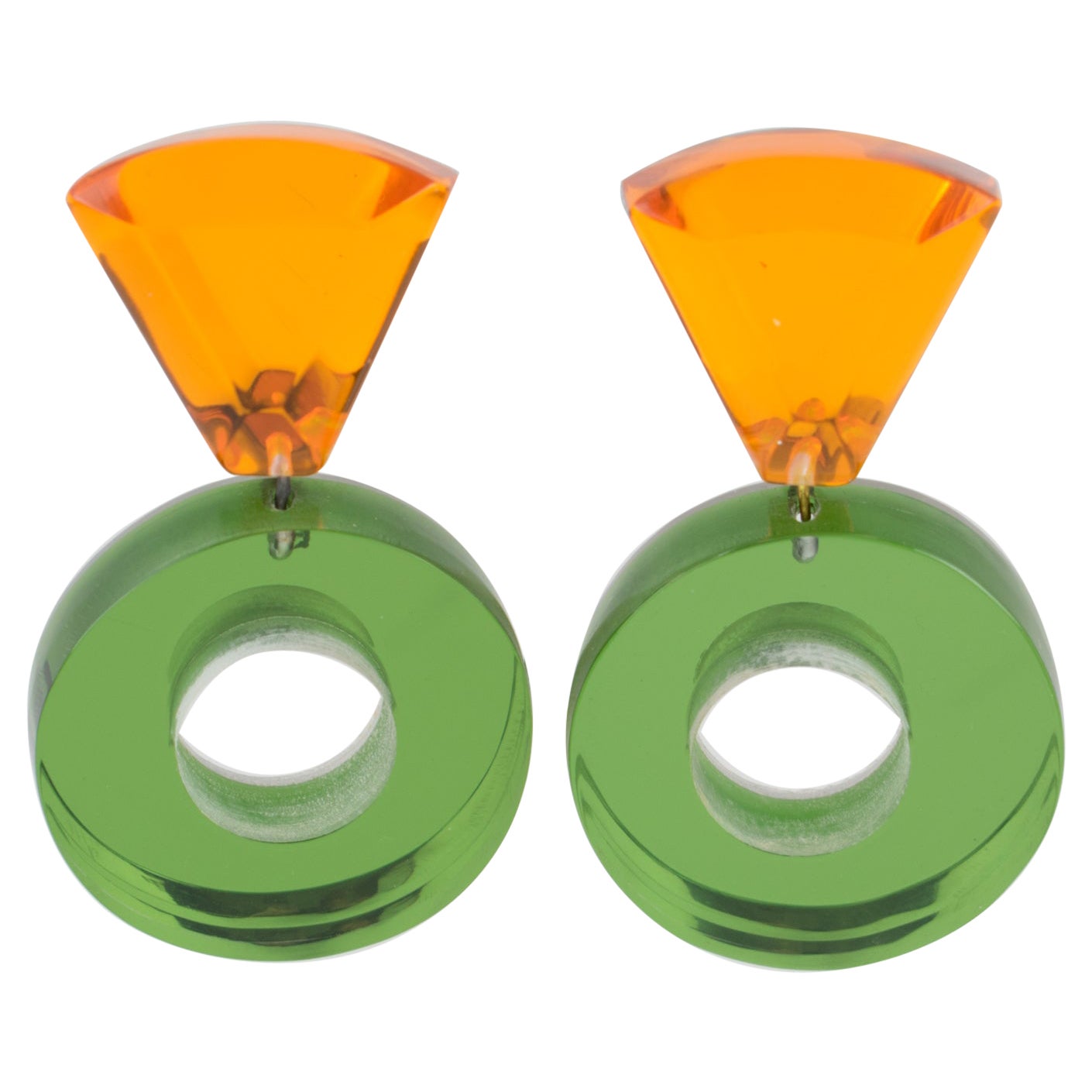 Kaso Lucite Clip Earrings Dangle Green and Orange Donut For Sale