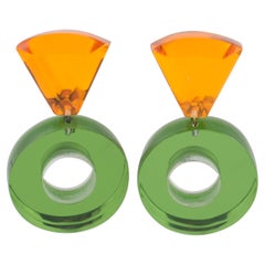 Retro Kaso Lucite Clip Earrings Dangle Green and Orange Donut