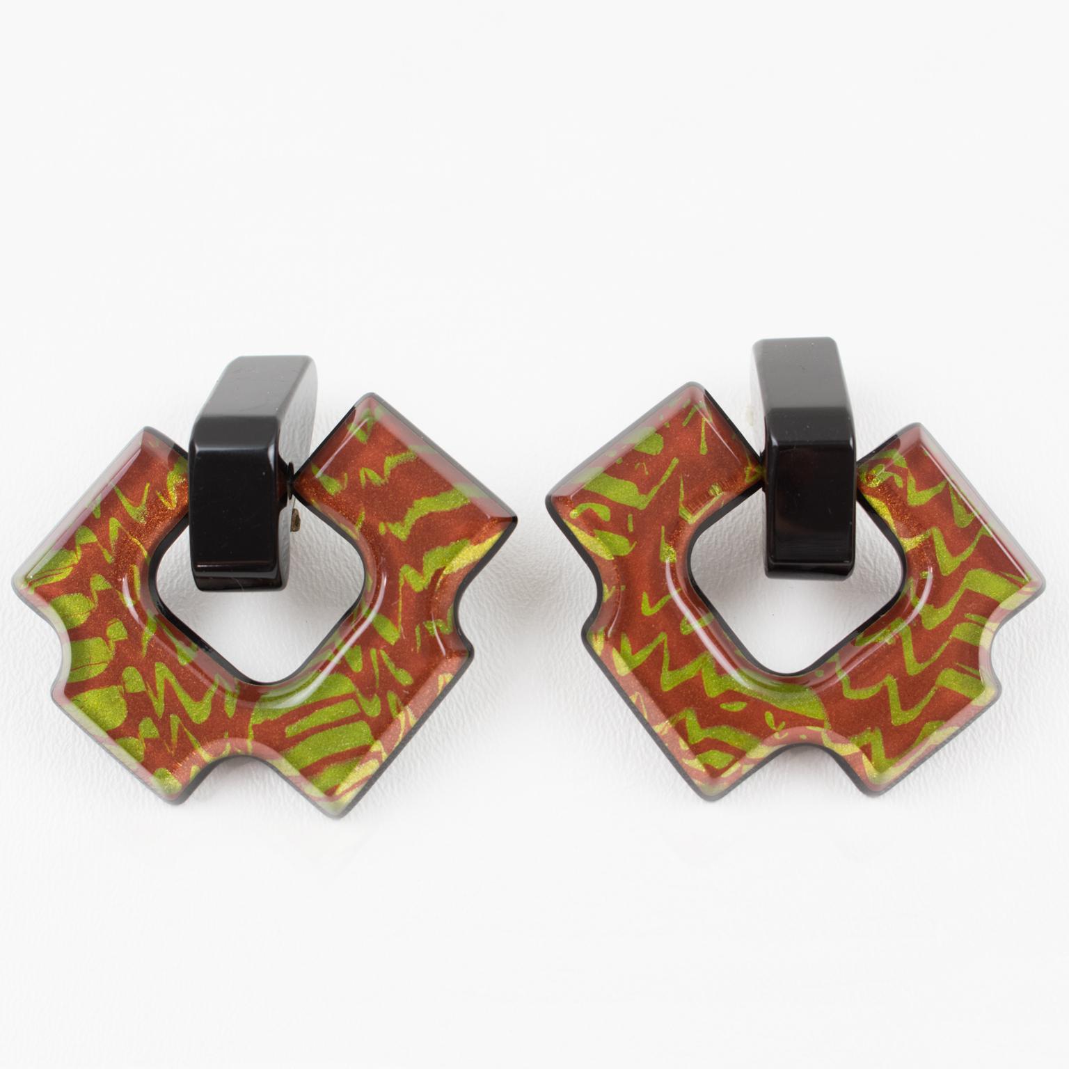 Modernist Kaso Lucite Clip Earrings Multicolor Door Knocker Design For Sale