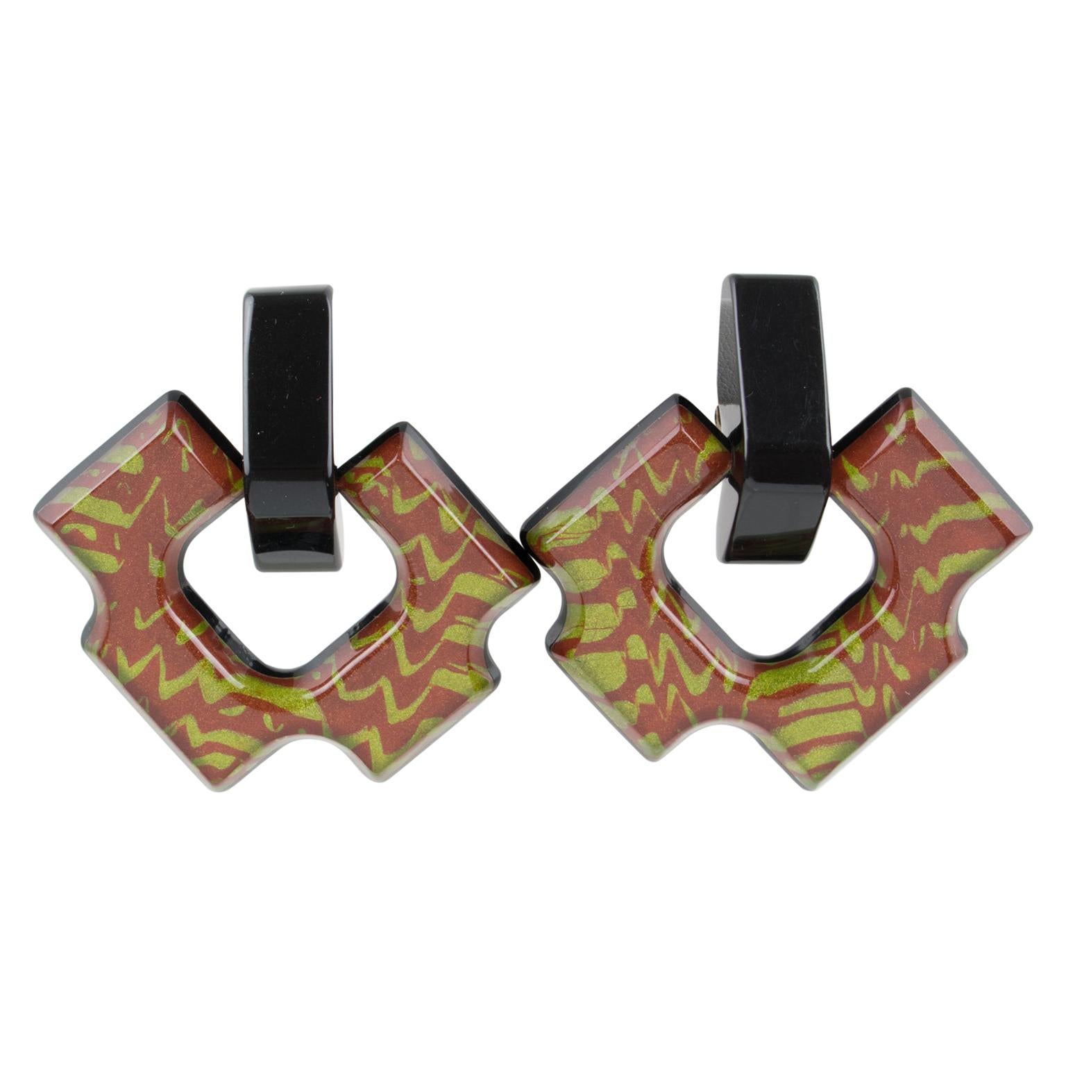 Kaso Lucite Clip Earrings Multicolor Door Knocker Design
