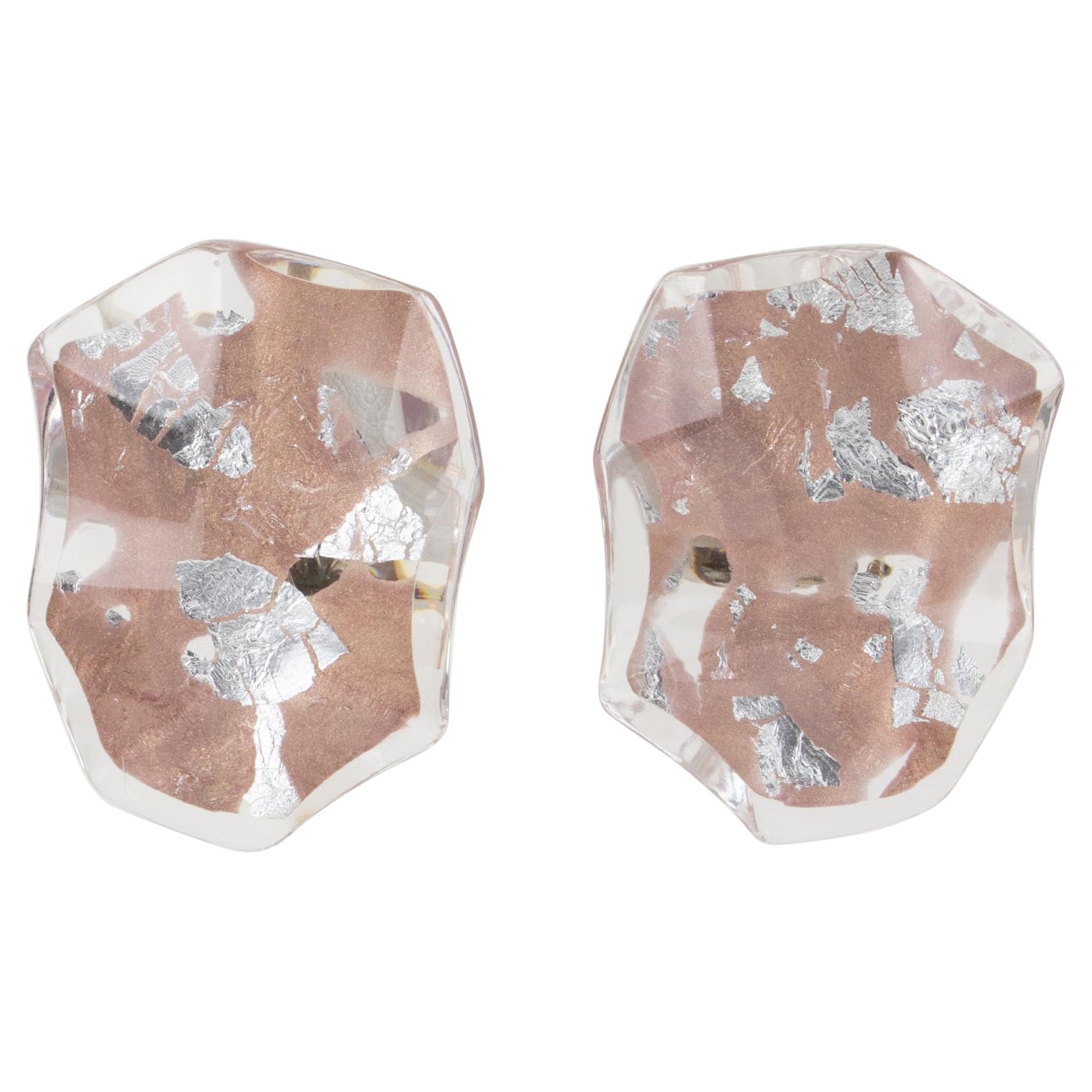 Kaso Lucite Clip Earrings Pebble with Silver and Gold Inclusions For Sale