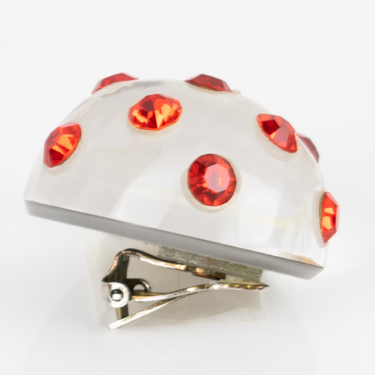 Modernist Kaso Acrylic and Orange Crystal Jeweled Earrings For Sale