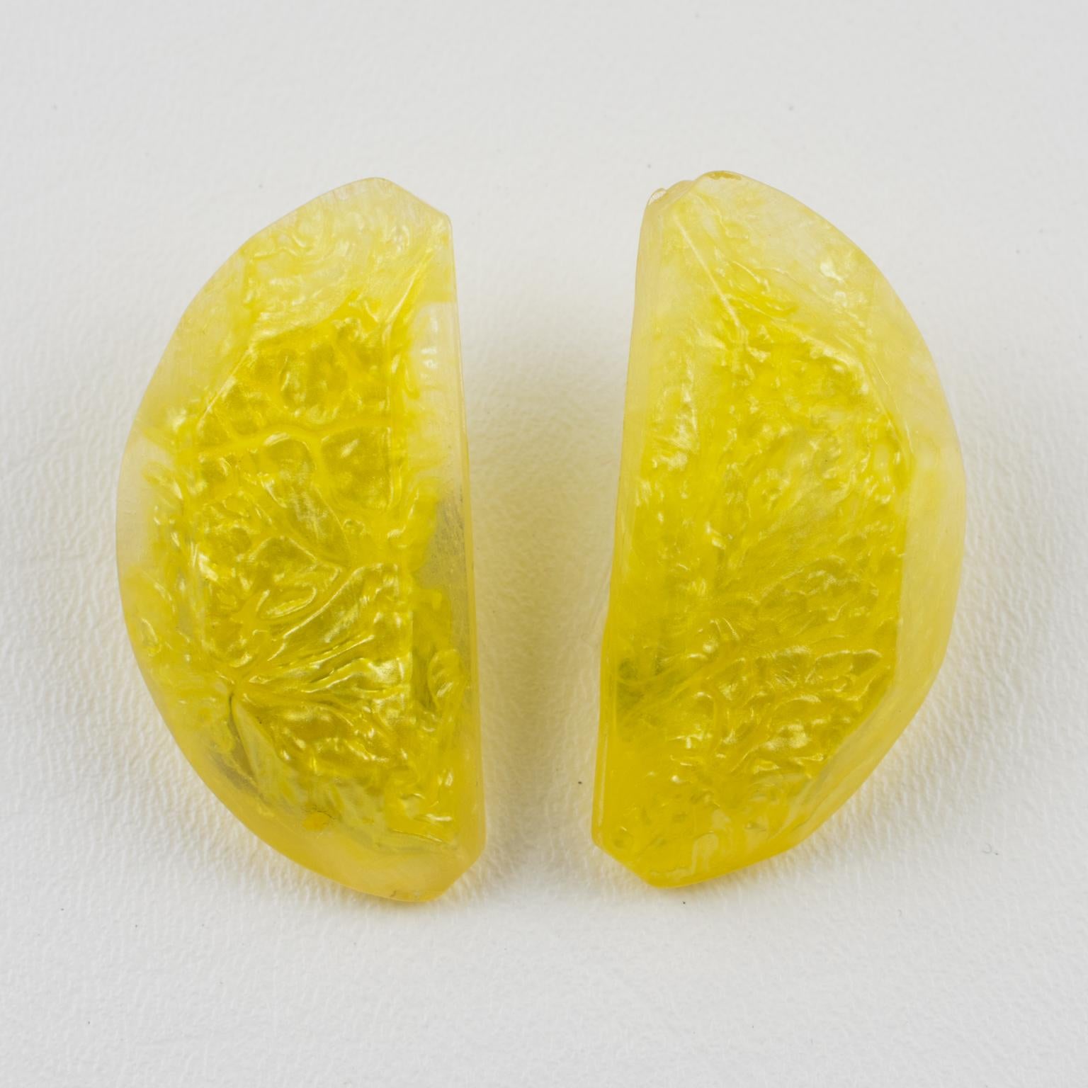 Modernist Kaso Lucite Clip Earrings Yellow Lemon Slice For Sale