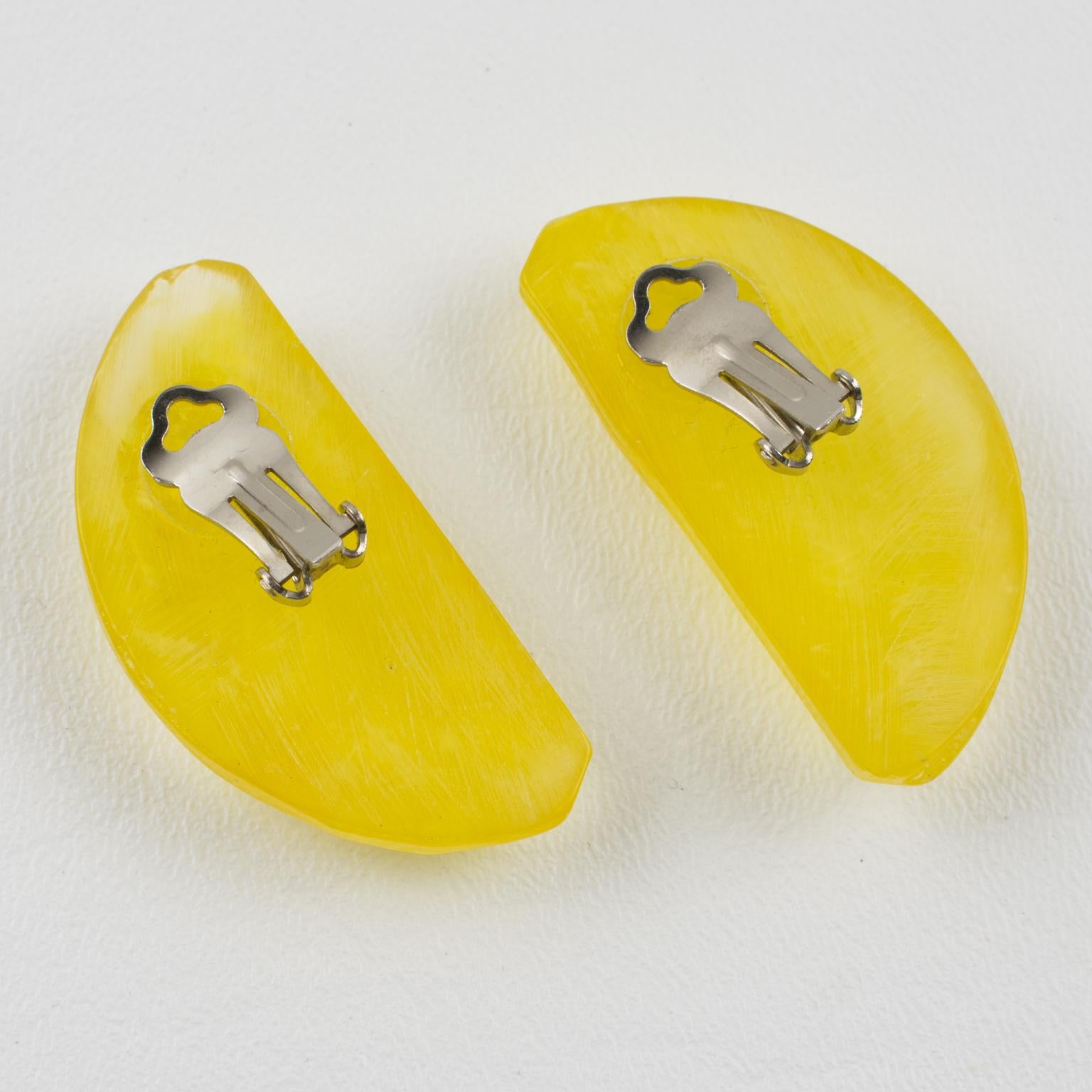 Women's or Men's Kaso Lucite Clip Earrings Yellow Lemon Slice For Sale