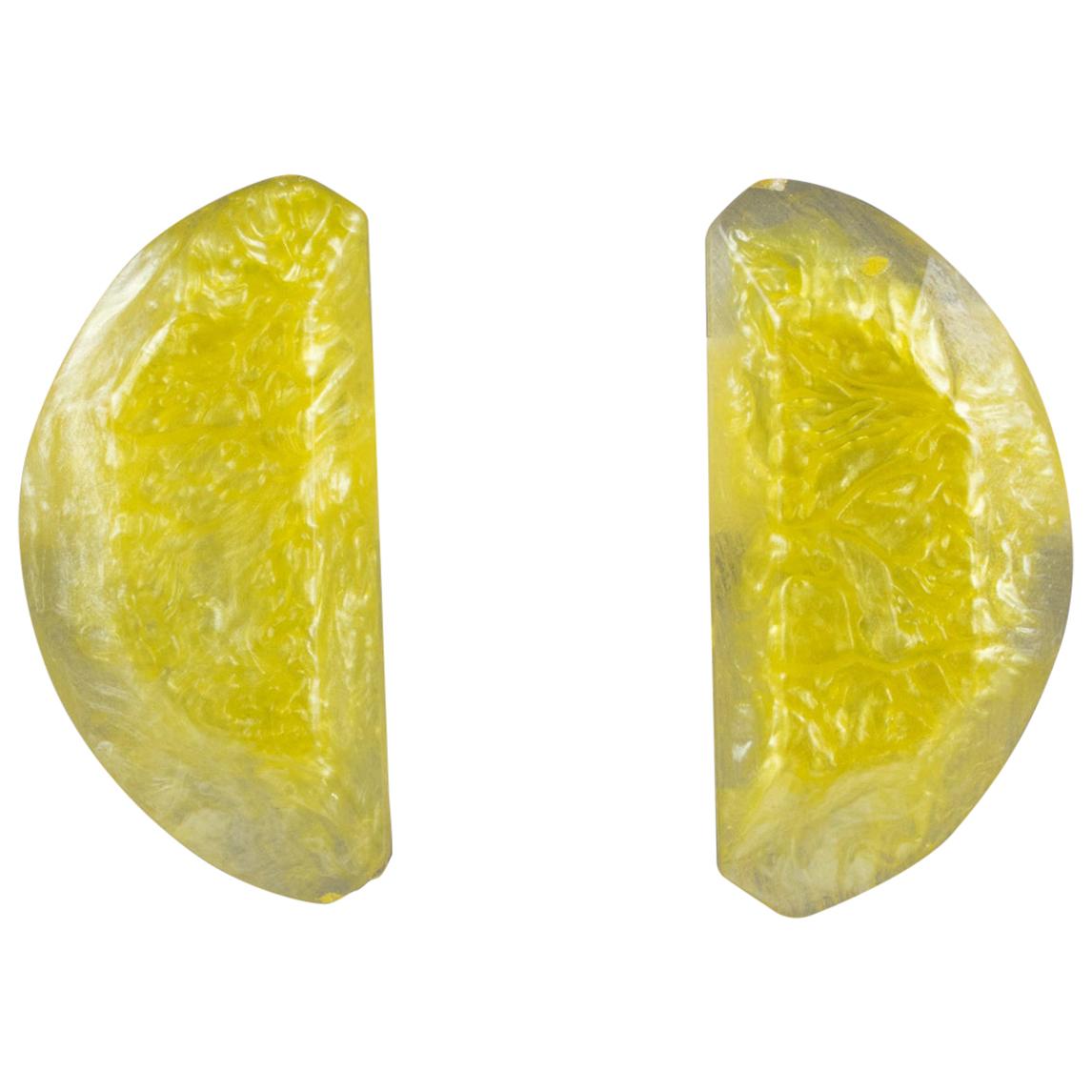 Kaso Lucite Clip Earrings Yellow Lemon Slice For Sale