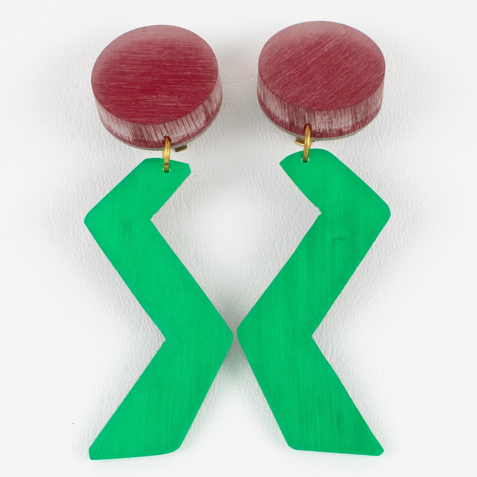Modern Kaso Lucite Dangle Clip Earrings Green and Red ZigZag For Sale