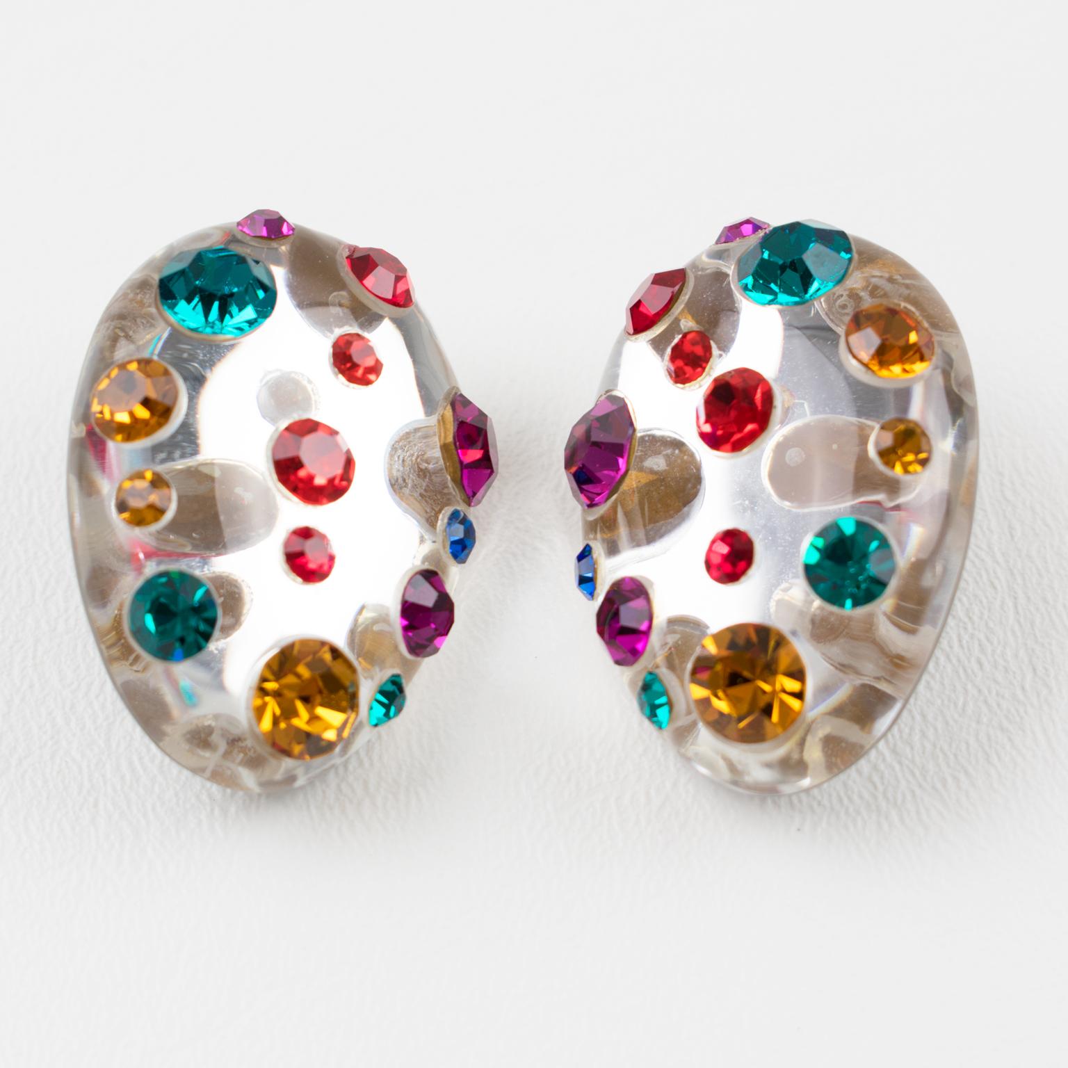 Modernist Kaso Multicolor Jeweled and Lucite Clip Earrings