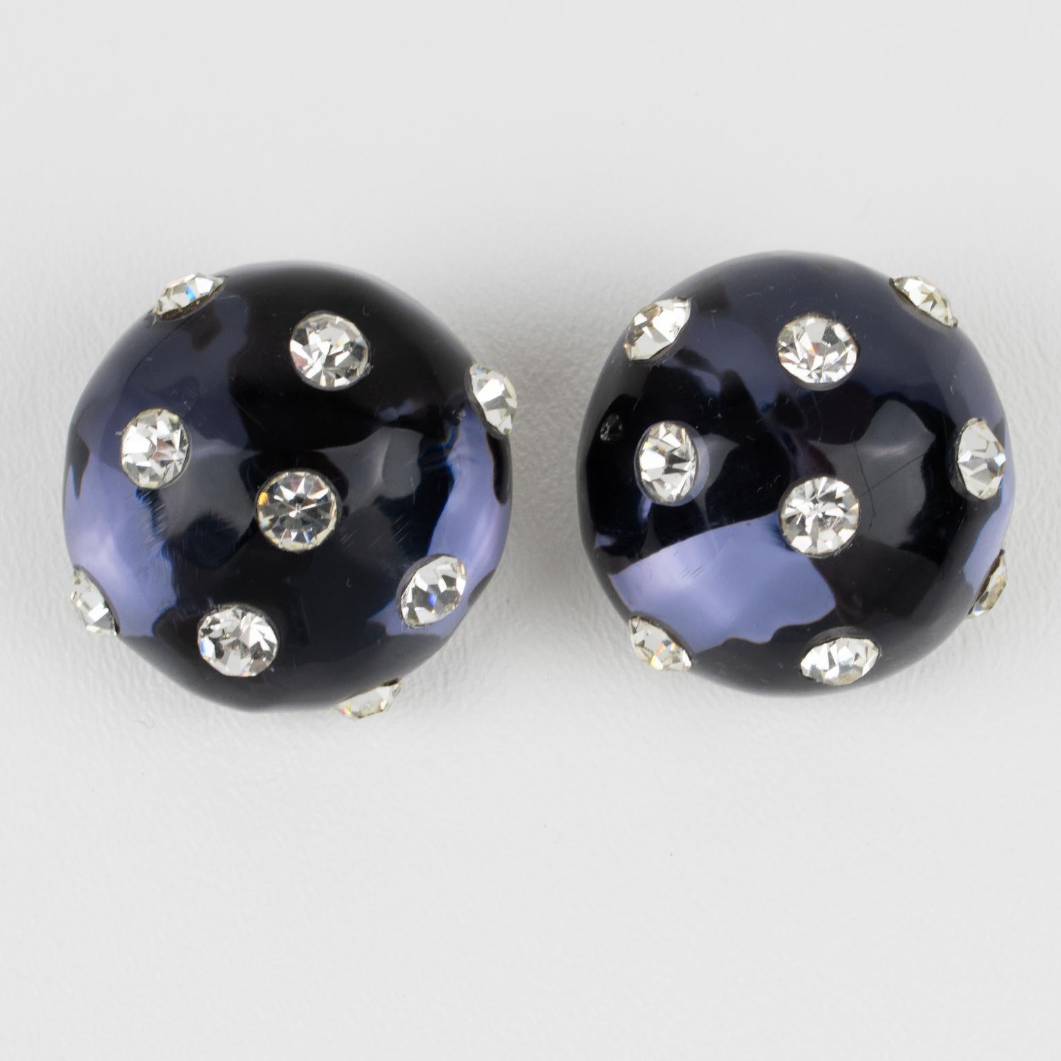 Modernist Kaso Navy Blue Lucite Clip Earrings with Rhinestones Paved