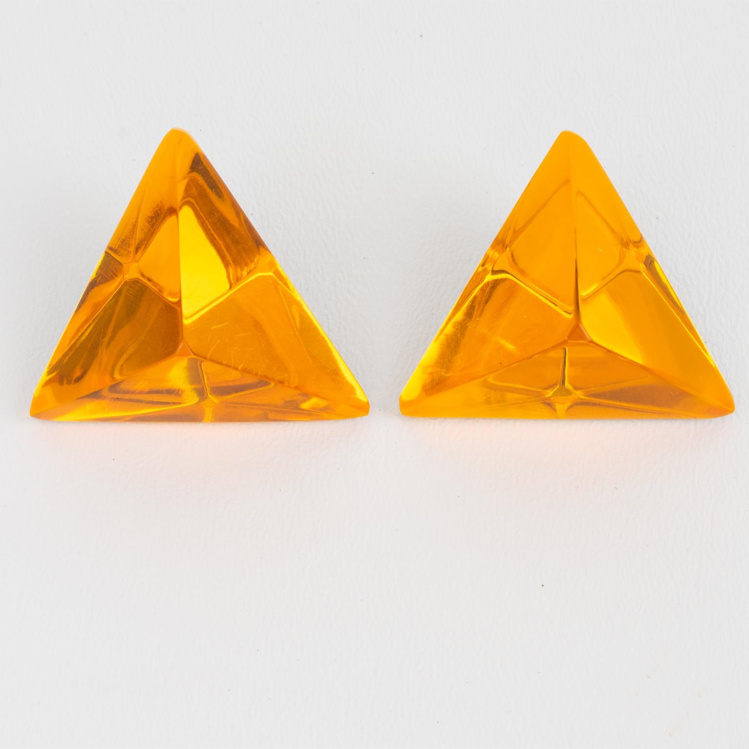 Modernist Kaso Neon Orange Lucite Pyramid Clip Earrings For Sale
