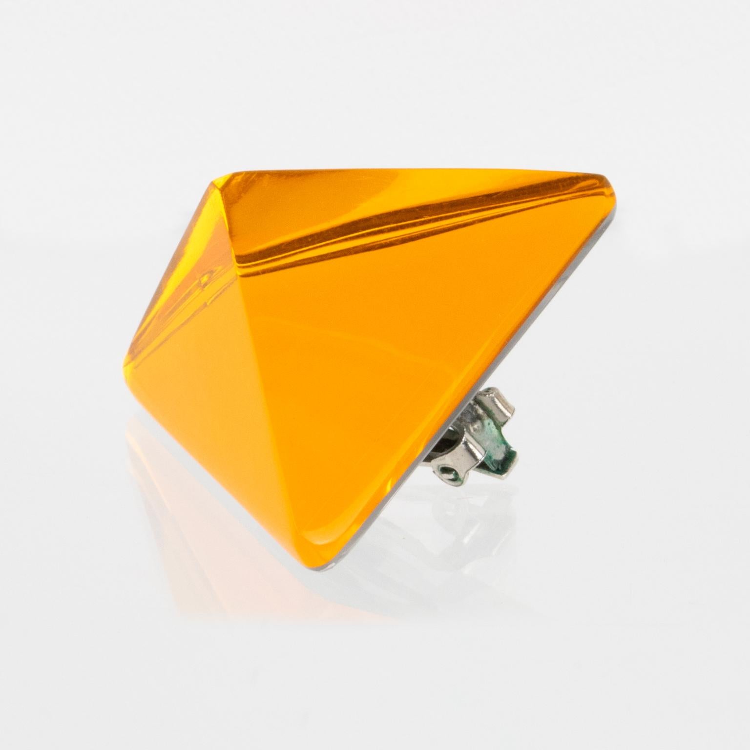 Women's or Men's Kaso Neon Orange Lucite Pyramid Clip Earrings For Sale