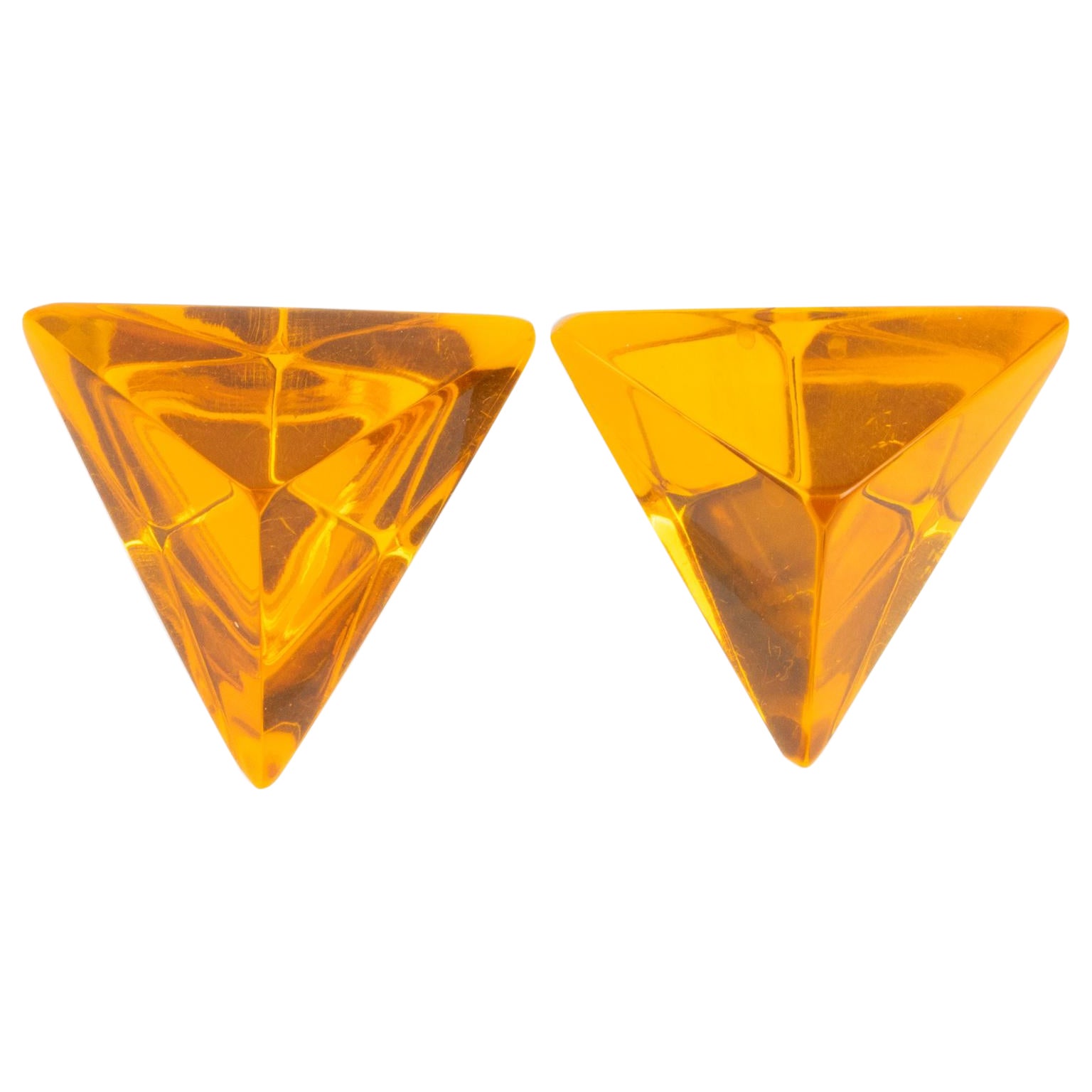 Kaso Neon Orange Lucite Pyramid Clip Earrings For Sale