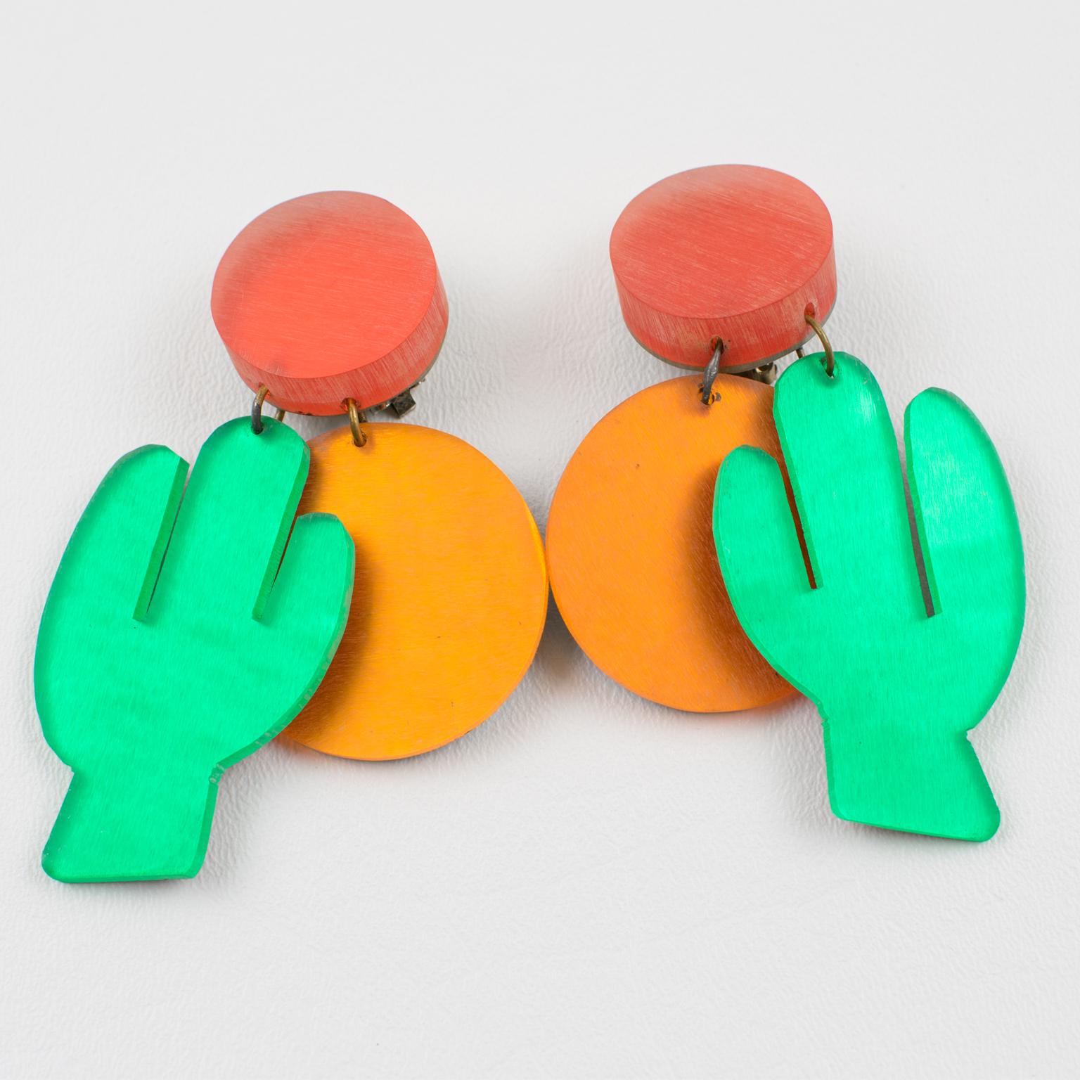 Modern Kaso Orange and Green Lucite Dangle Clip Earrings Cactus and Sun For Sale