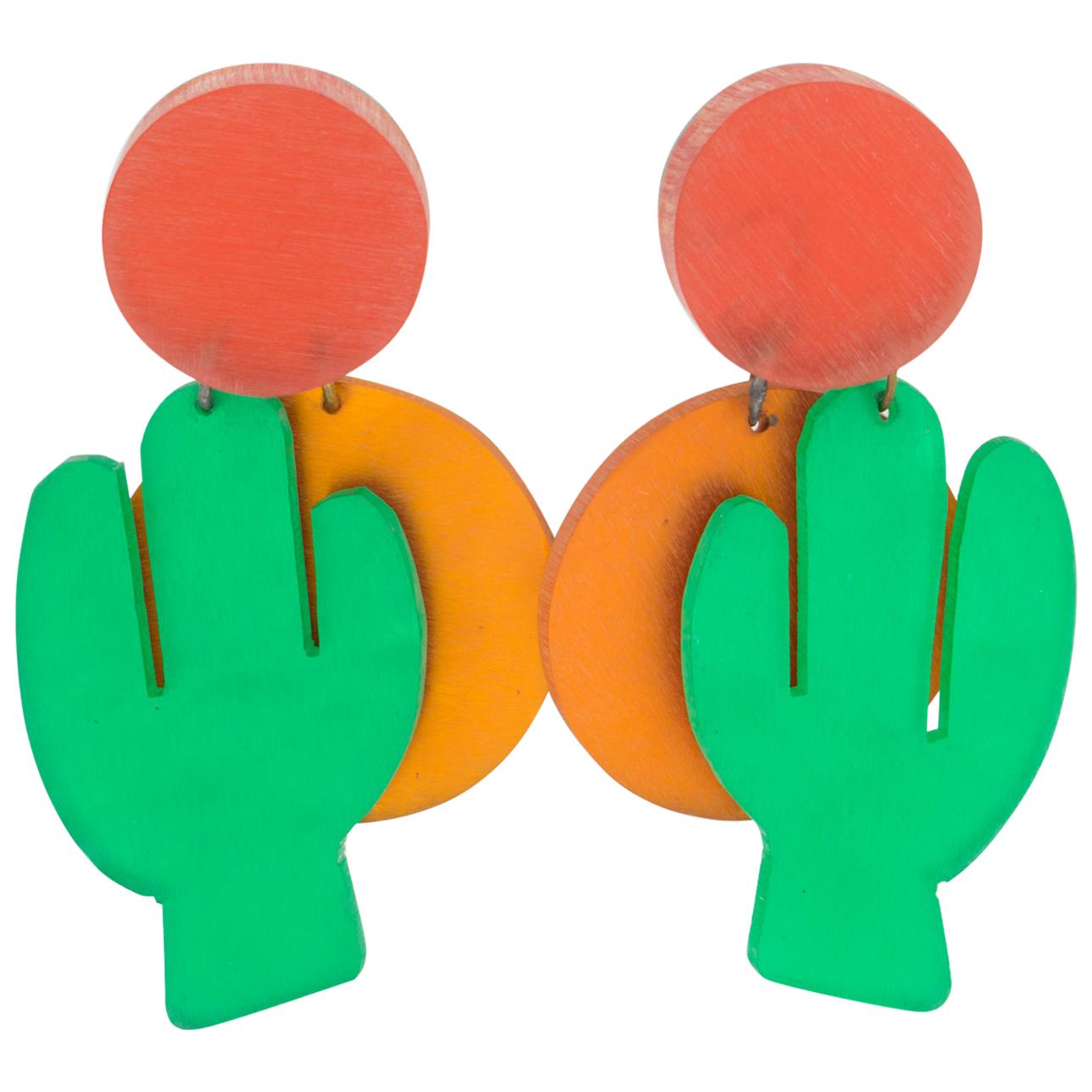 Kaso Orange and Green Lucite Dangle Clip Earrings Cactus and Sun For Sale