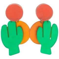 Retro Kaso Orange and Green Lucite Dangle Clip Earrings Cactus and Sun