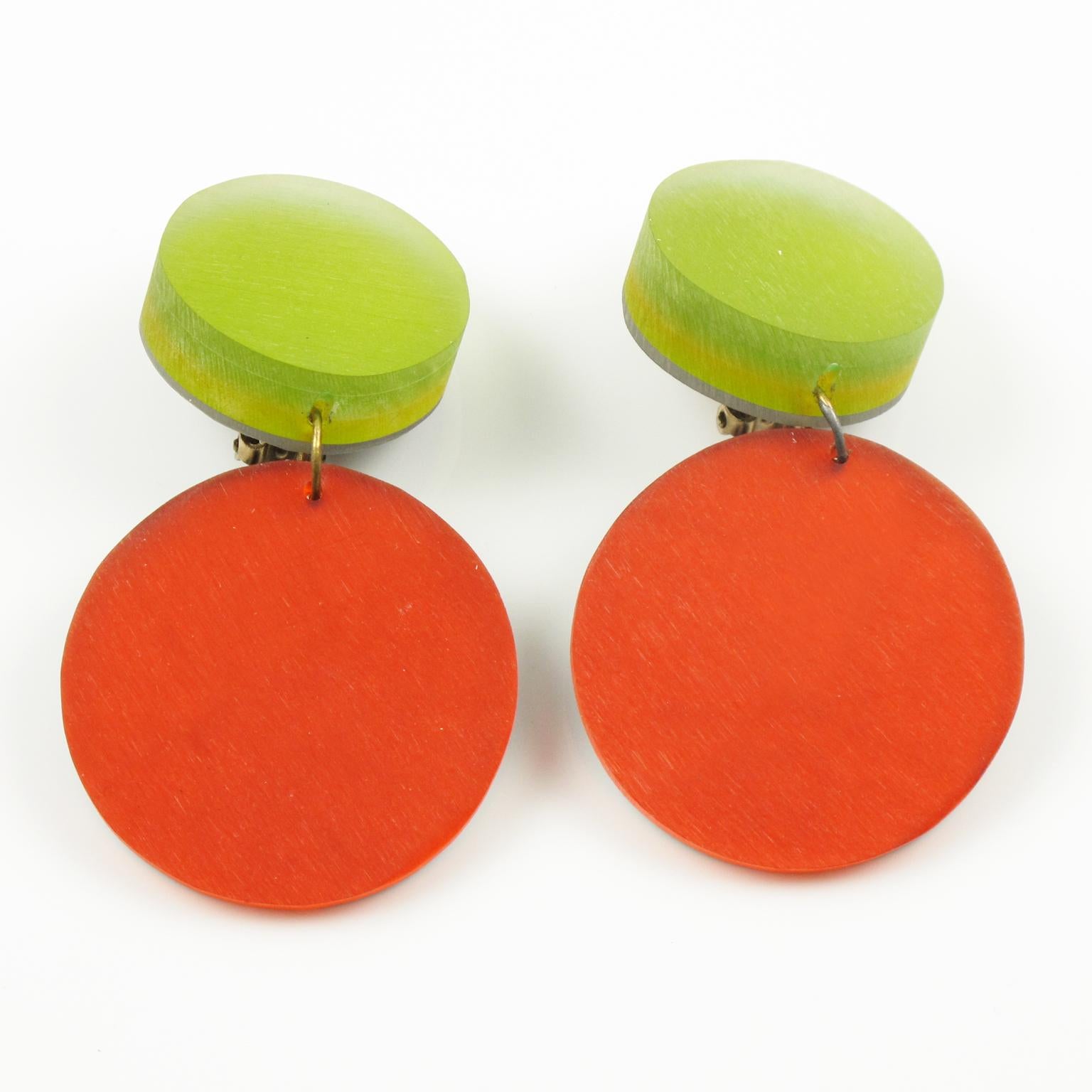 Modernist Kaso Orange and Green Lucite Dangle Clip Earrings
