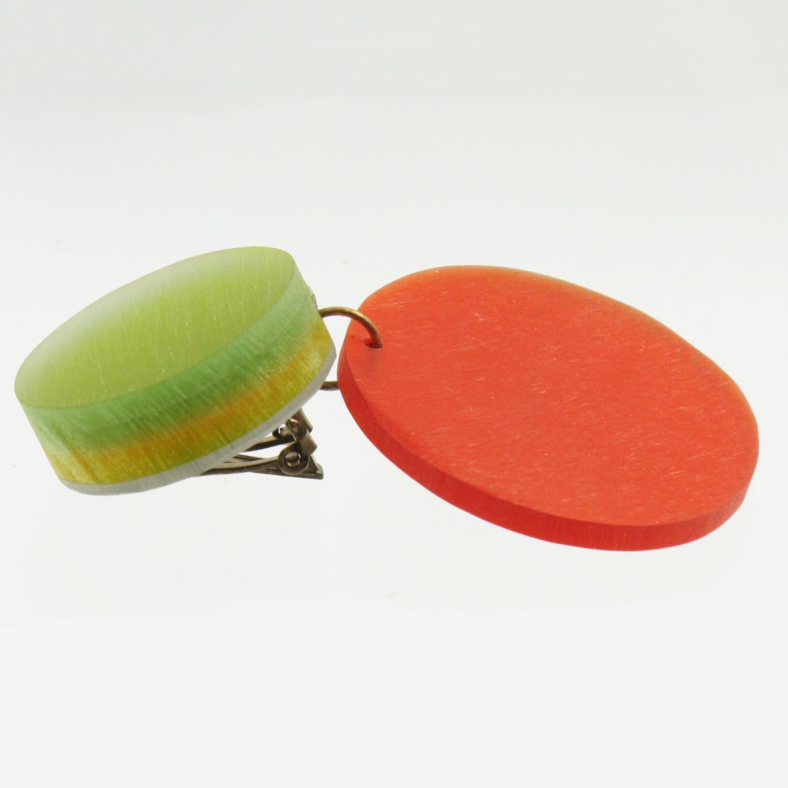 Women's or Men's Kaso Orange and Green Lucite Dangle Clip Earrings