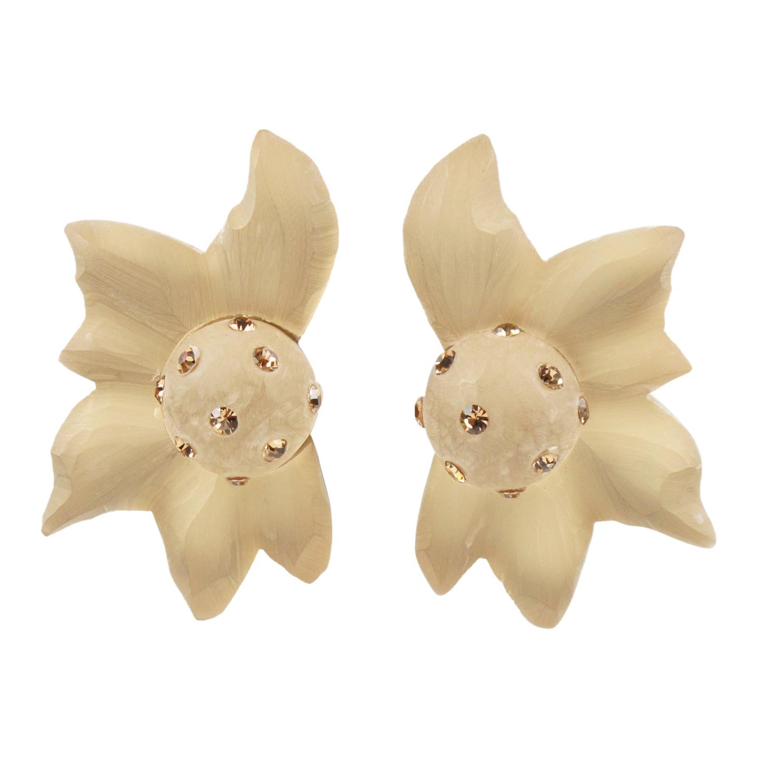 Kaso Oversized Carved Frosted Lucite Floral Clip Earrings