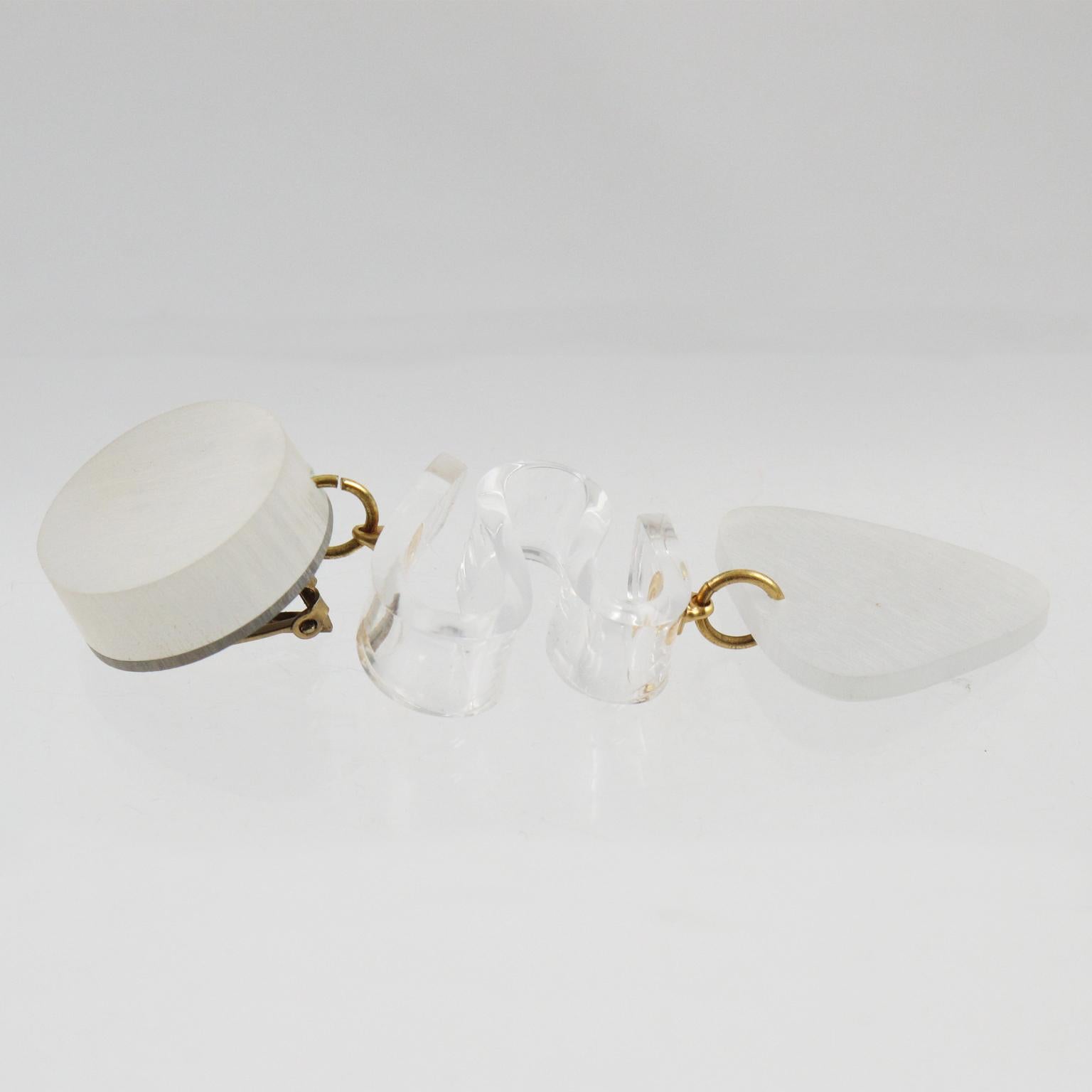Kaso Oversized Frosted White Lucite Dangle Clip Earrings For Sale 2