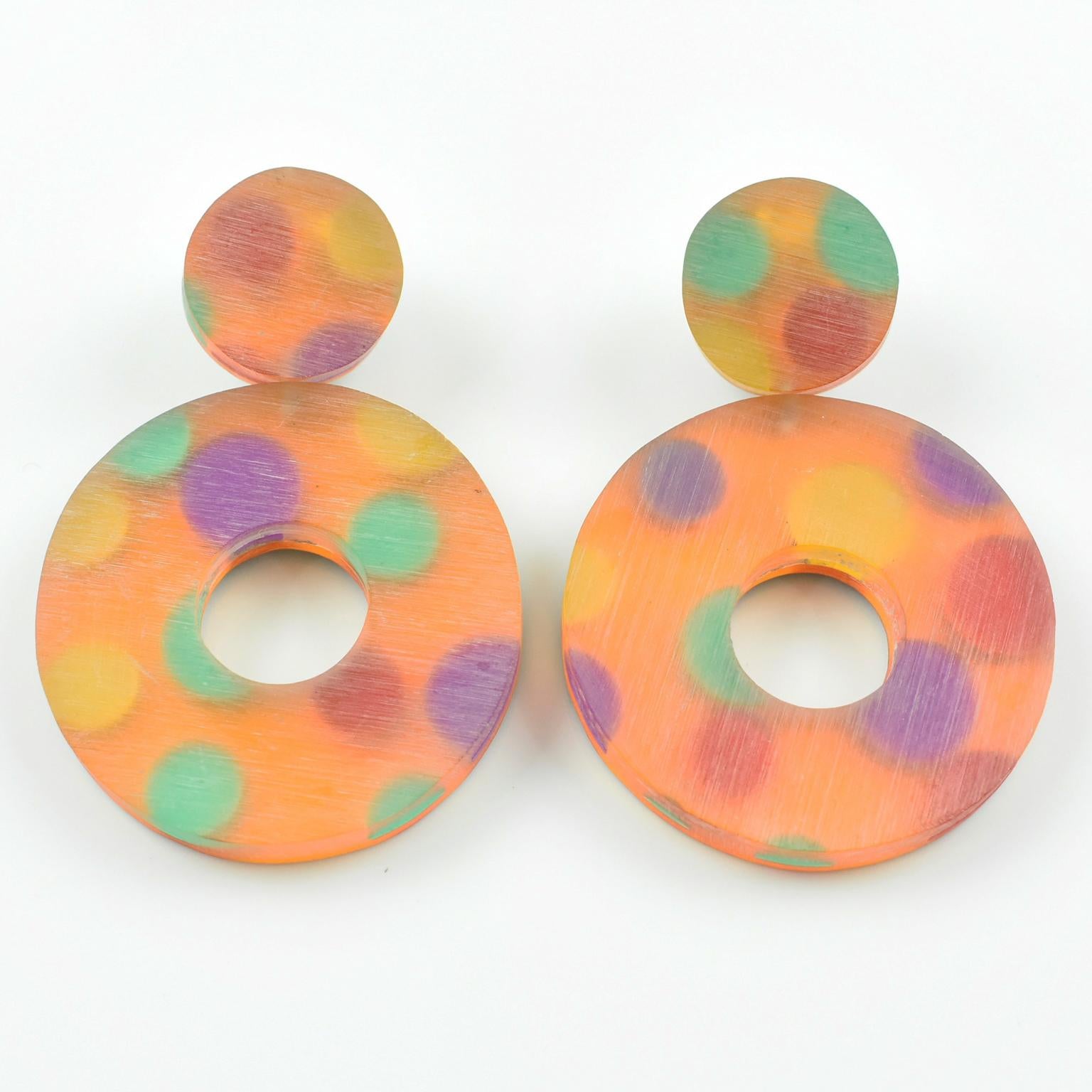 Modernist Kaso Oversized Lucite Clip Earrings Orange Donut Multicolor Polka Dots For Sale