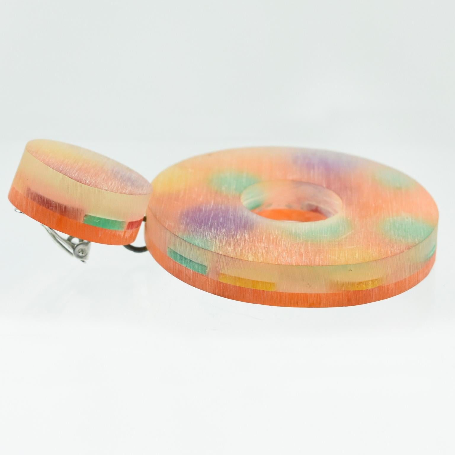Women's or Men's Kaso Oversized Lucite Clip Earrings Orange Donut Multicolor Polka Dots For Sale