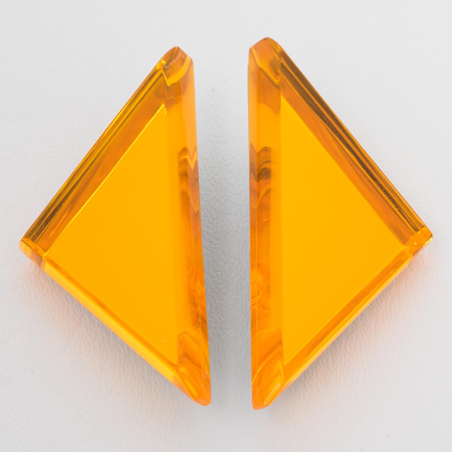 Modernist Kaso Oversized Neon Orange Lucite Triangle Clip Earrings For Sale
