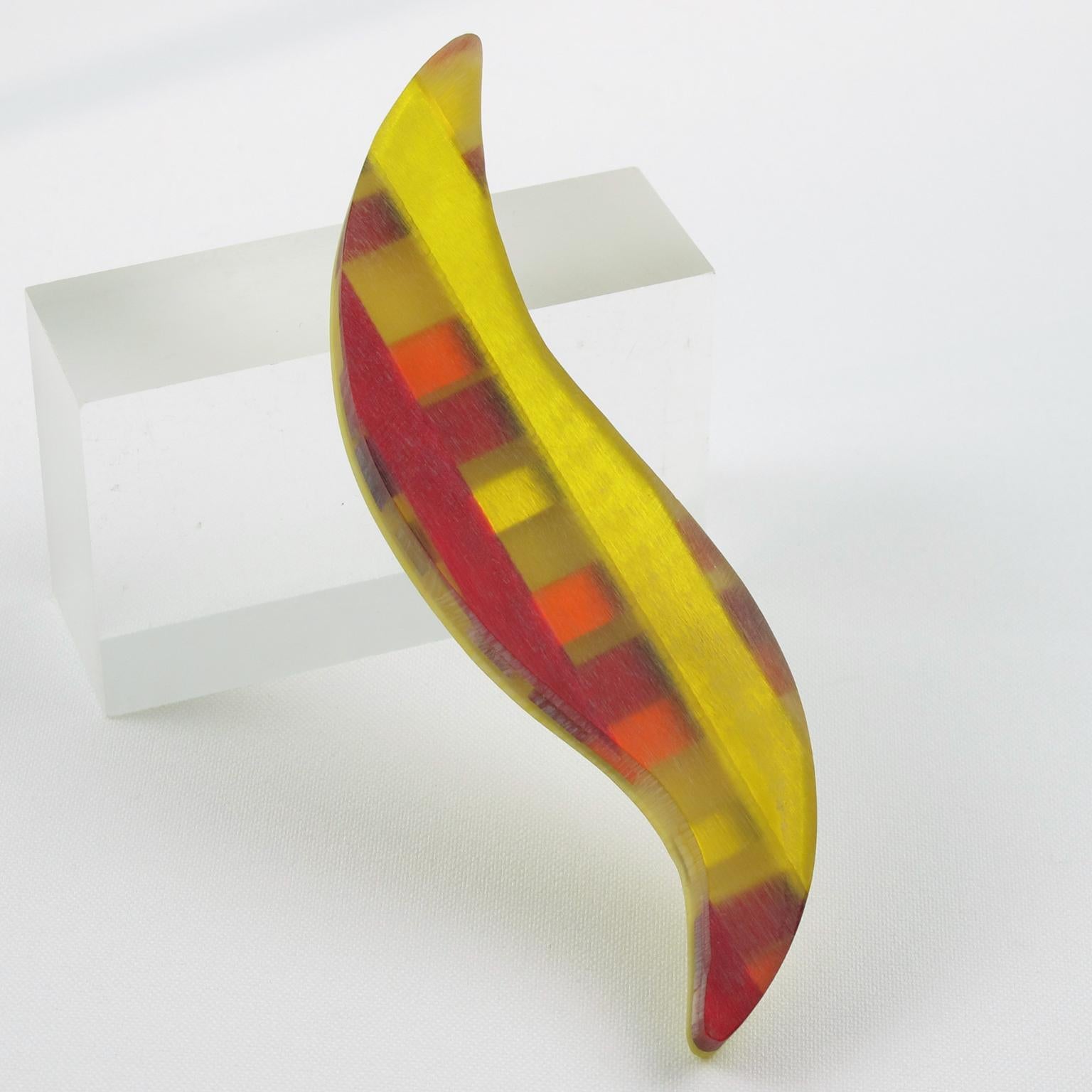 Modernist Kaso Oversized Orange and Red Geometric Lucite Pin Brooch For Sale