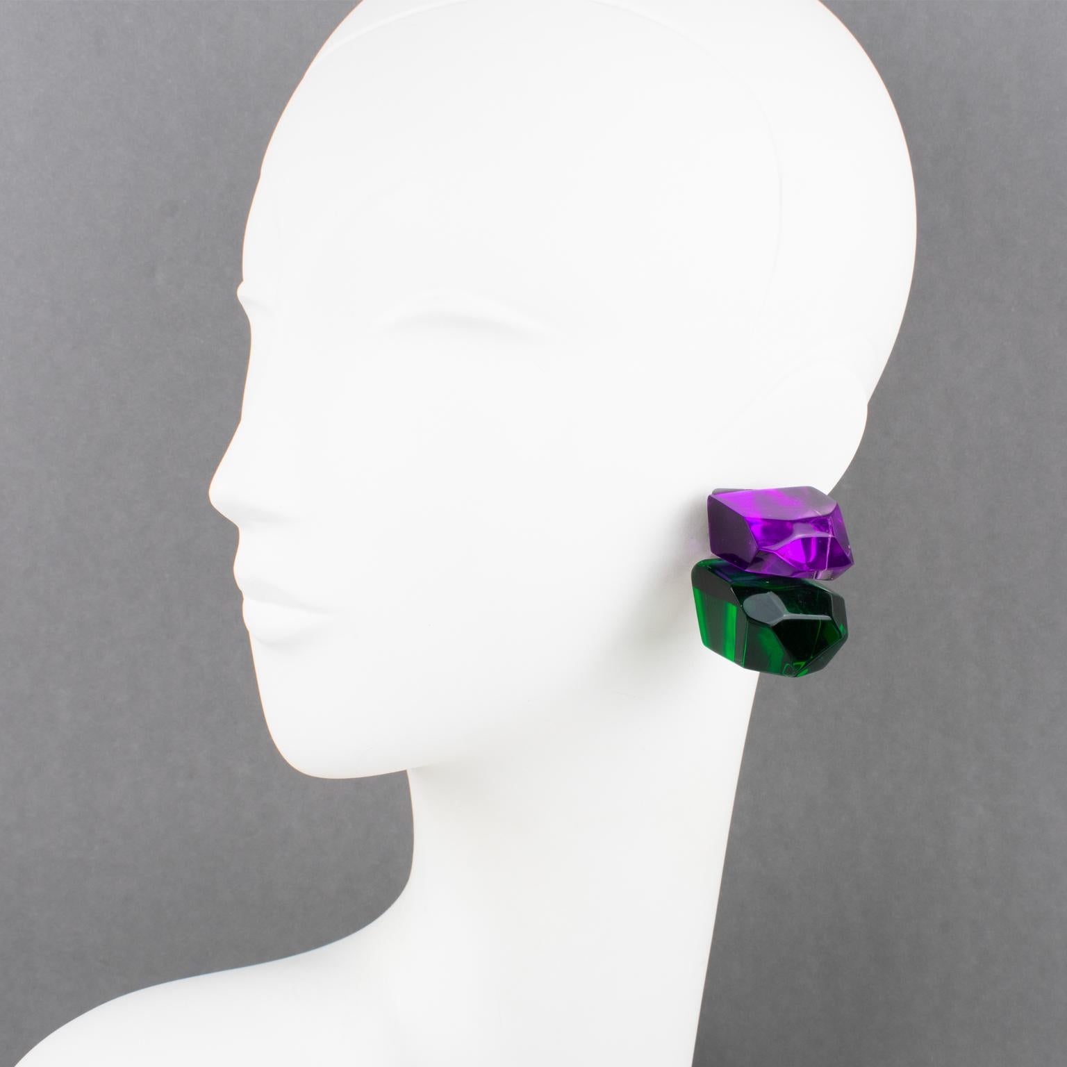 Modernist Kaso Oversized Purple and Green Ice Cube Lucite Clip Earrings For Sale